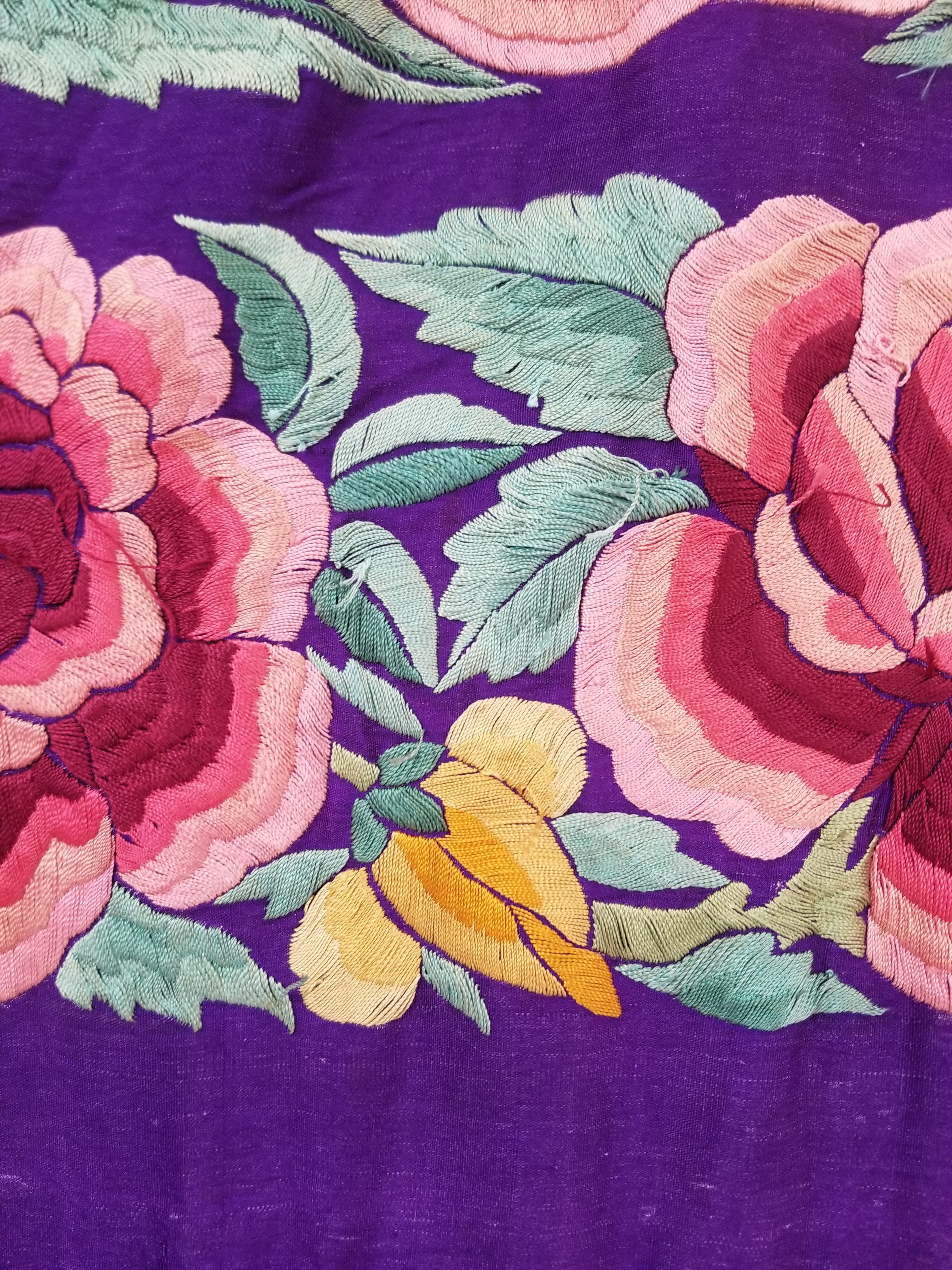 Antique Exceptional Chinese Hand Embroidered Floral Fringed Piano Shawl 158x158cm