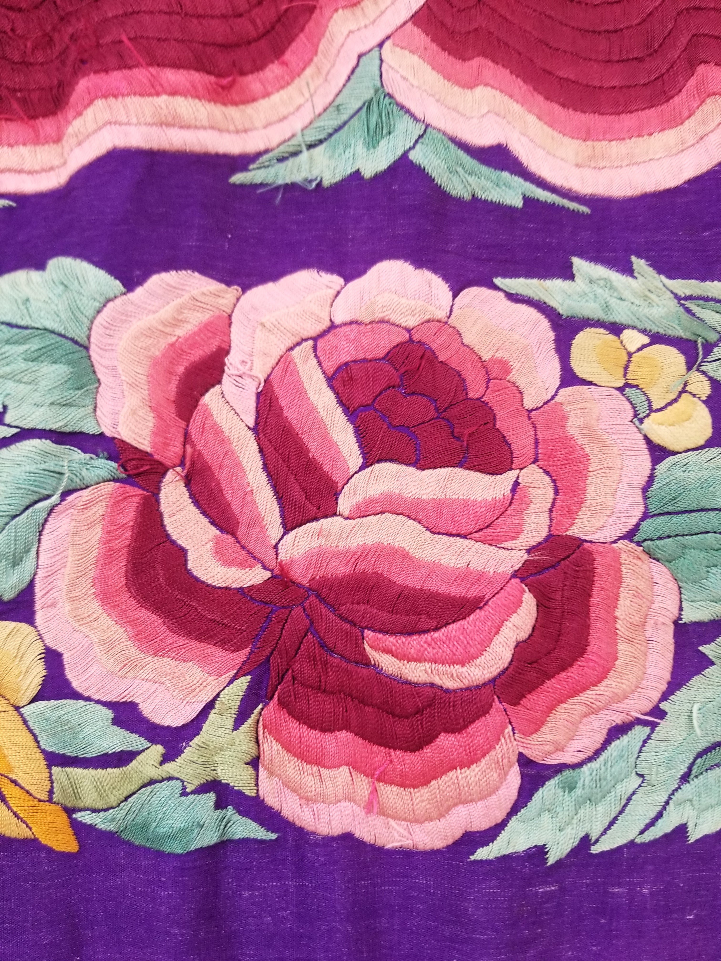 Antique Exceptional Chinese Hand Embroidered Floral Fringed Piano Shawl 158x158cm