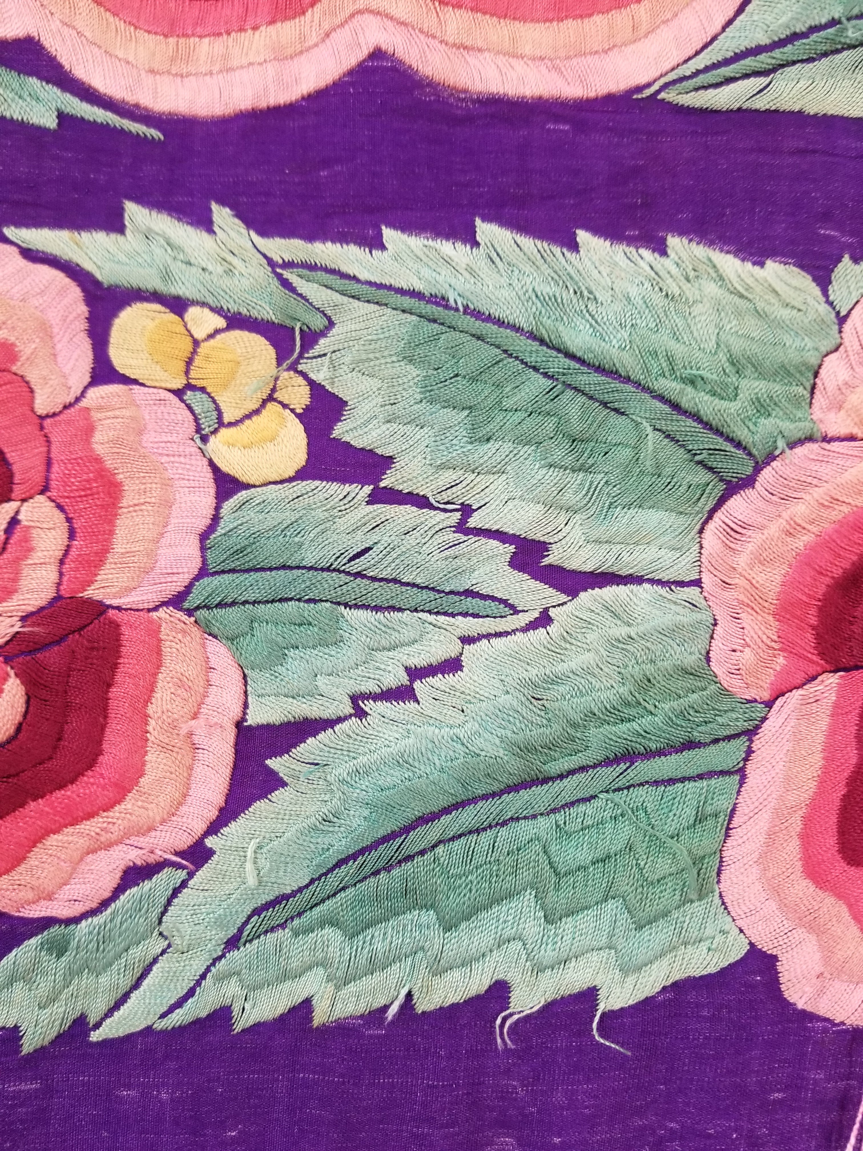 Antique Exceptional Chinese Hand Embroidered Floral Fringed Piano Shawl 158x158cm
