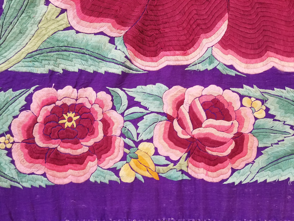 Antique Exceptional Chinese Hand Embroidered Floral Fringed Piano Shawl 158x158cm