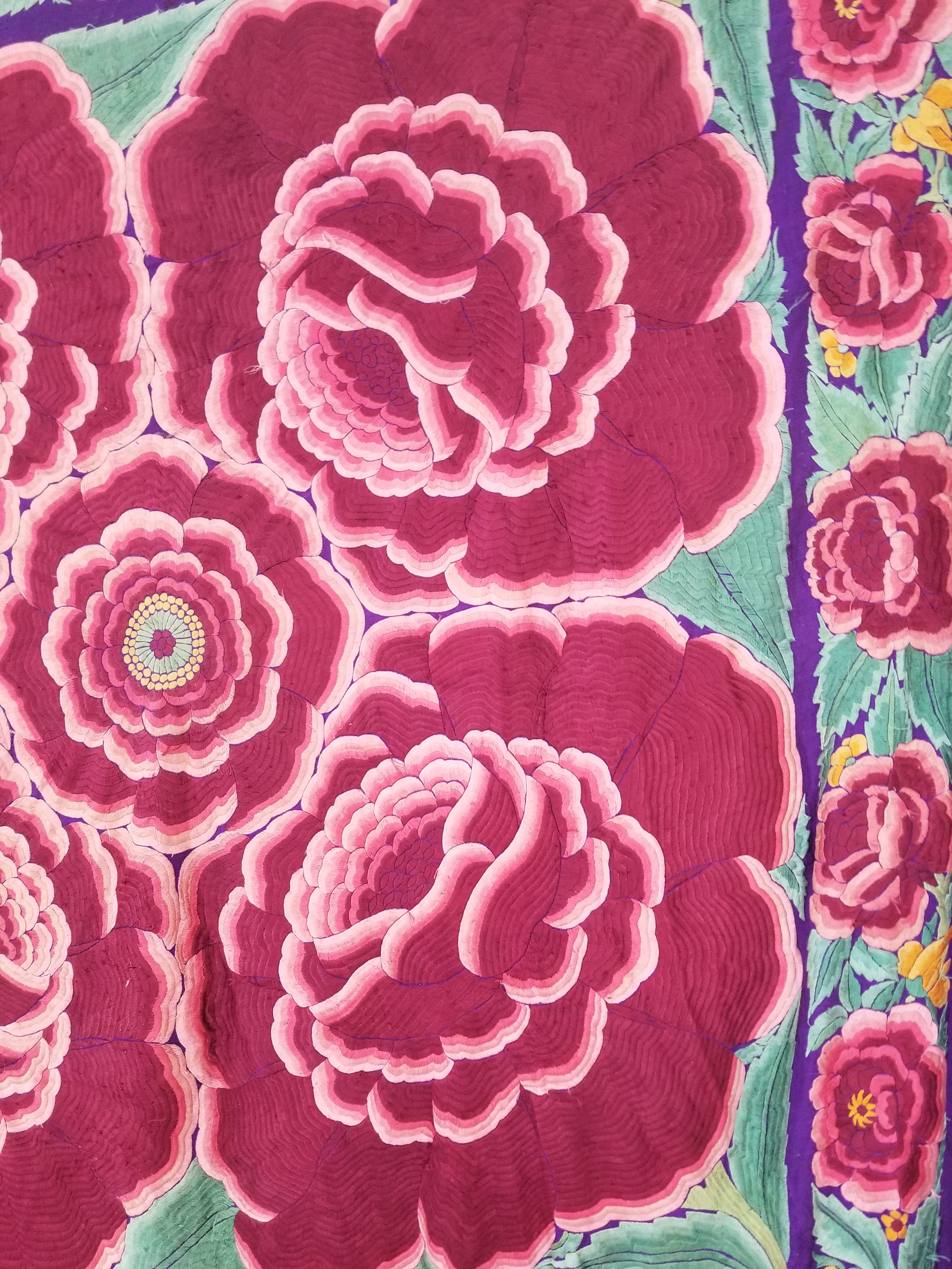Antique Exceptional Chinese Hand Embroidered Floral Fringed Piano Shawl 158x158cm