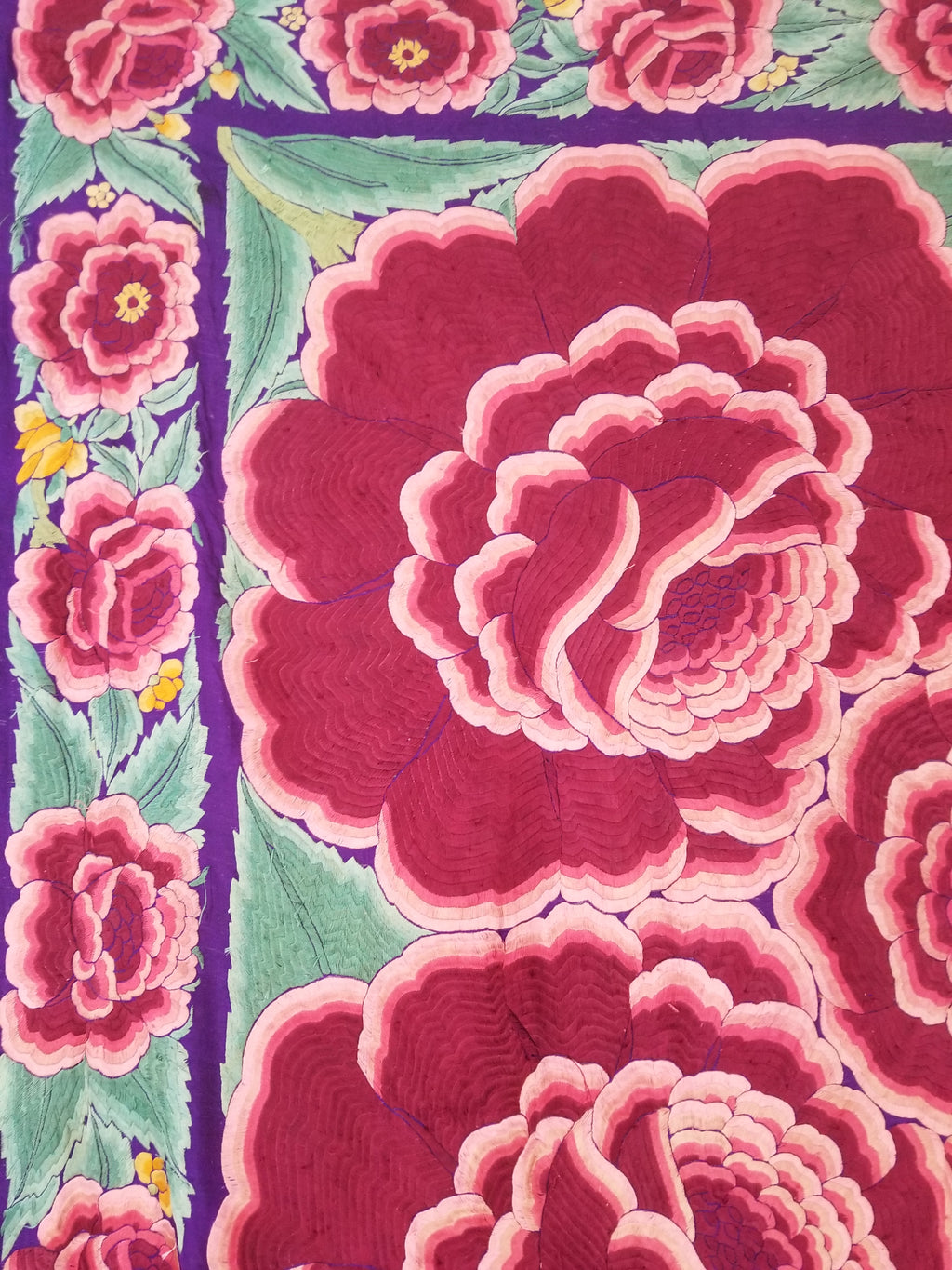 Antique Exceptional Chinese Hand Embroidered Floral Fringed Piano Shawl 158x158cm
