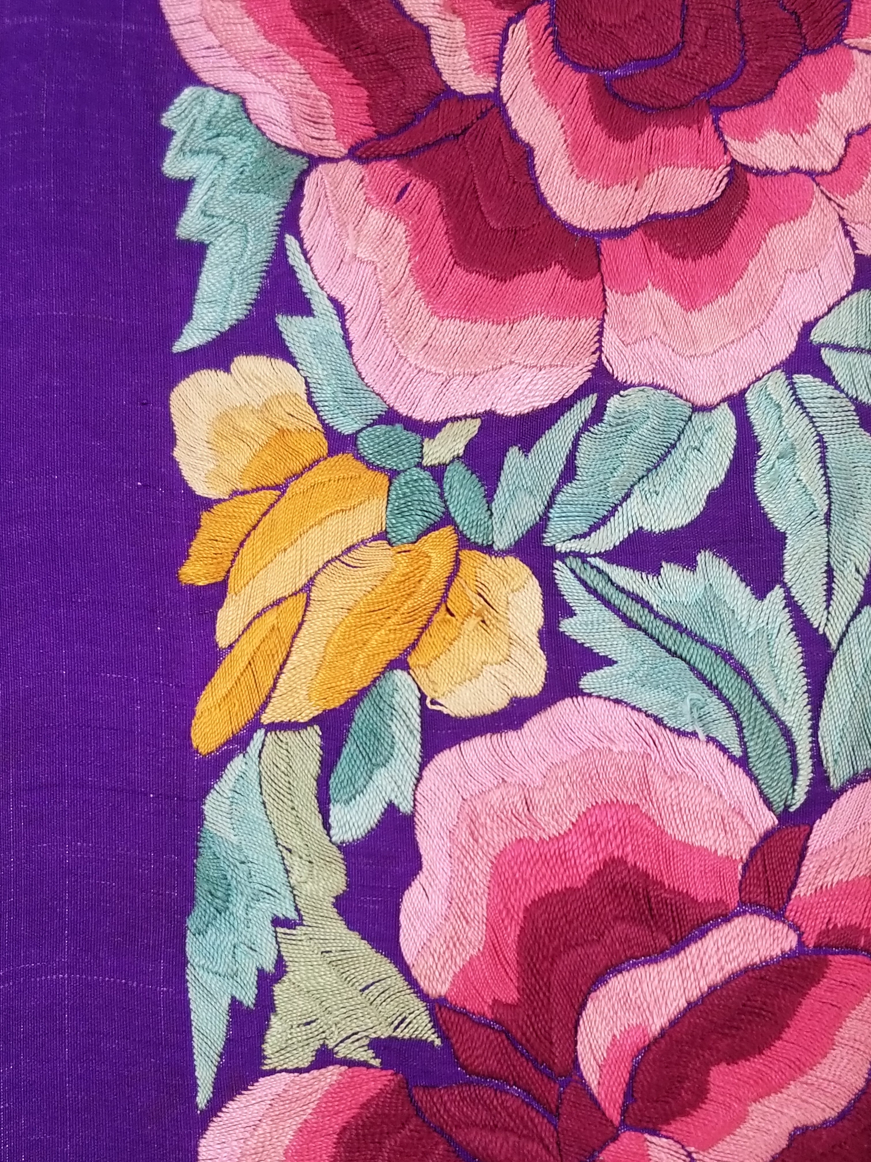 Antique Exceptional Chinese Hand Embroidered Floral Fringed Piano Shawl 158x158cm