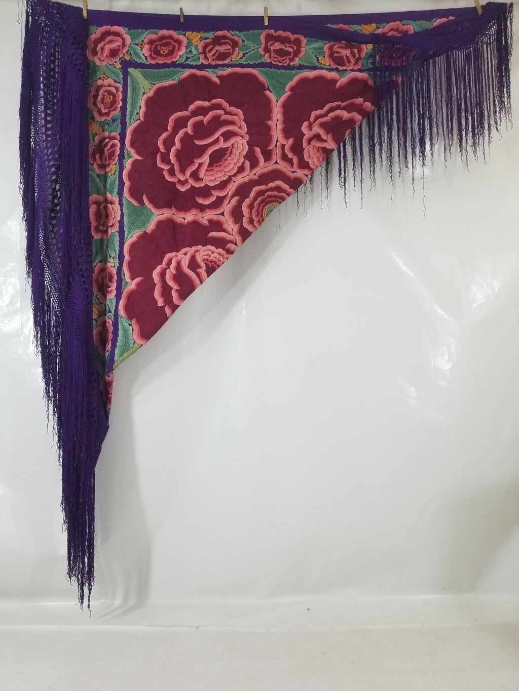 Antique Exceptional Chinese Hand Embroidered Floral Fringed Piano Shawl 158x158cm