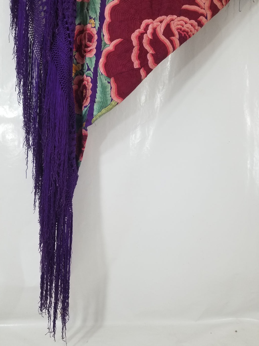 Antique Exceptional Chinese Hand Embroidered Floral Fringed Piano Shawl 158x158cm