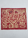 Vintage Hand-Stitched Red & White Avian Mola Art Textile 47x38cm