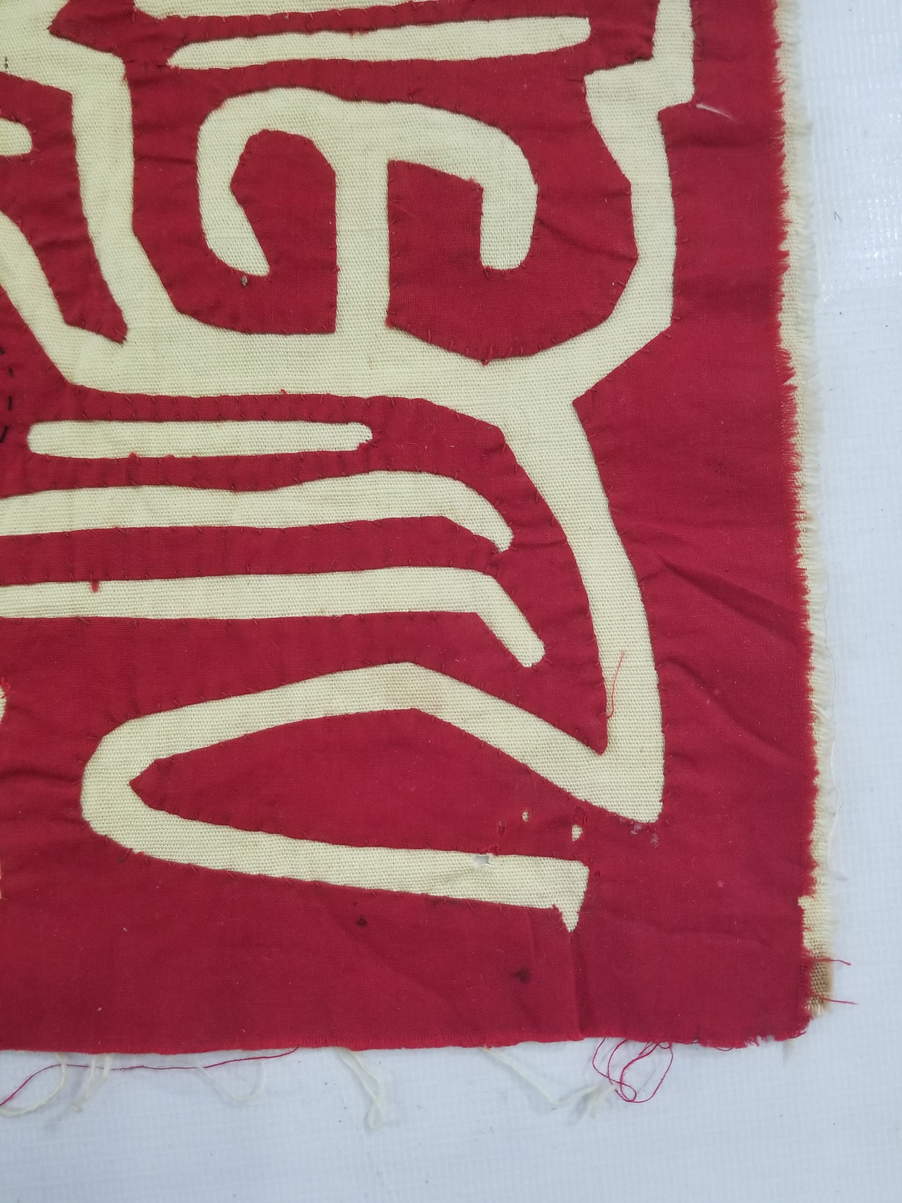 Vintage Hand-Stitched Red & White Avian Mola Art Textile 47x38cm