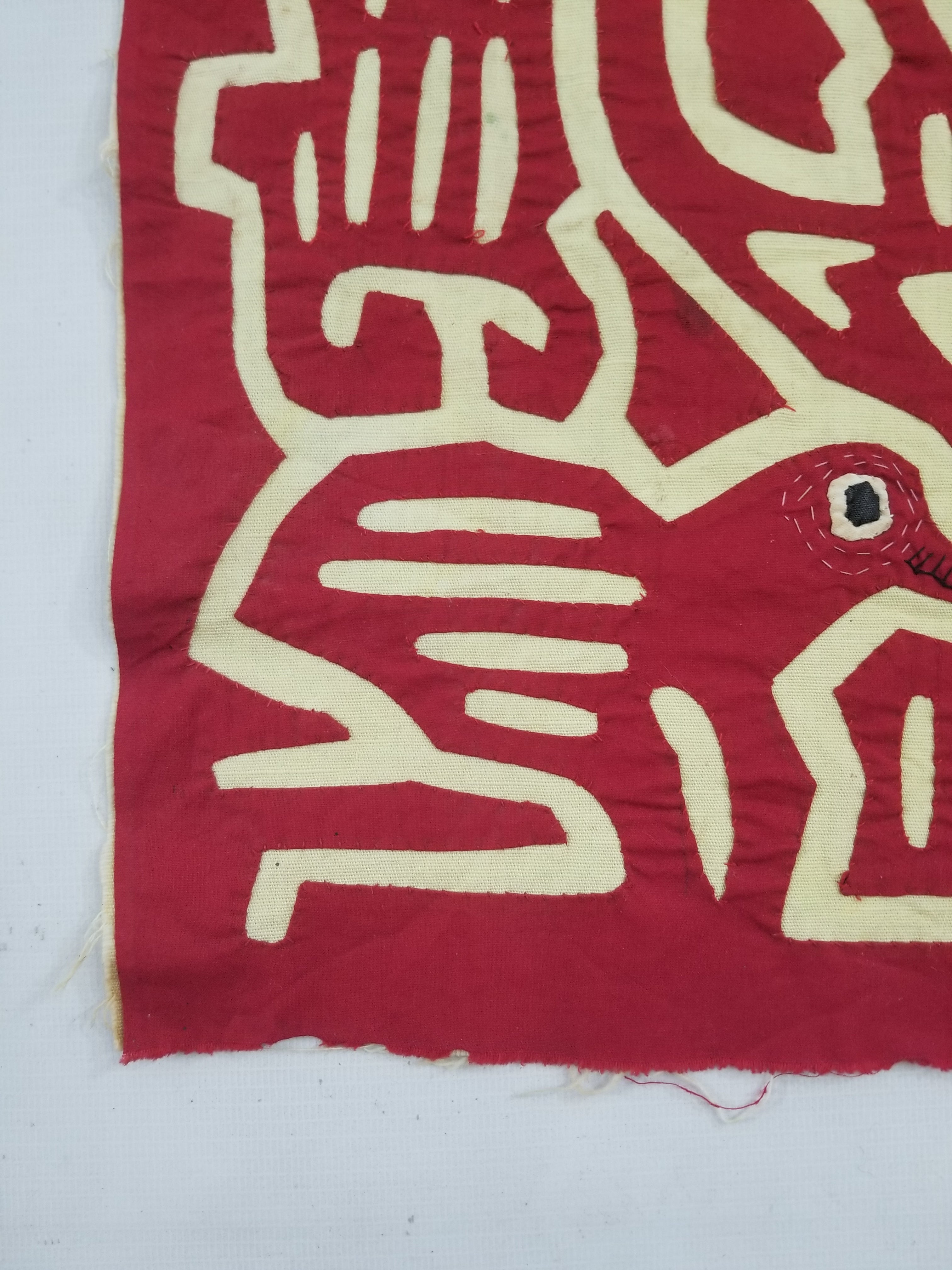Vintage Hand-Stitched Red & White Avian Mola Art Textile 47x38cm