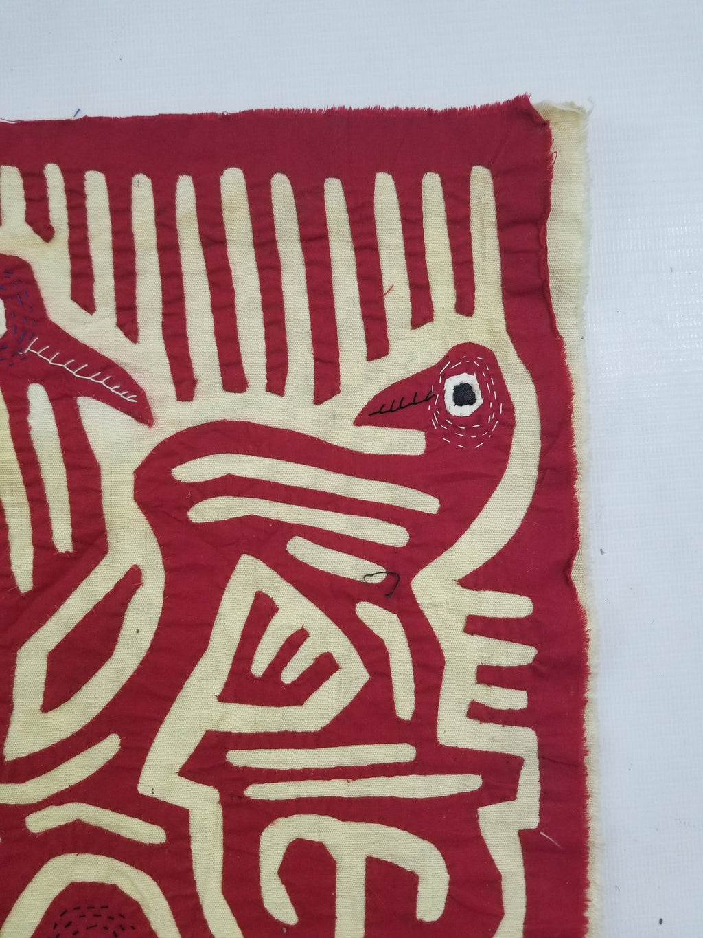 Vintage Hand-Stitched Red & White Avian Mola Art Textile 47x38cm