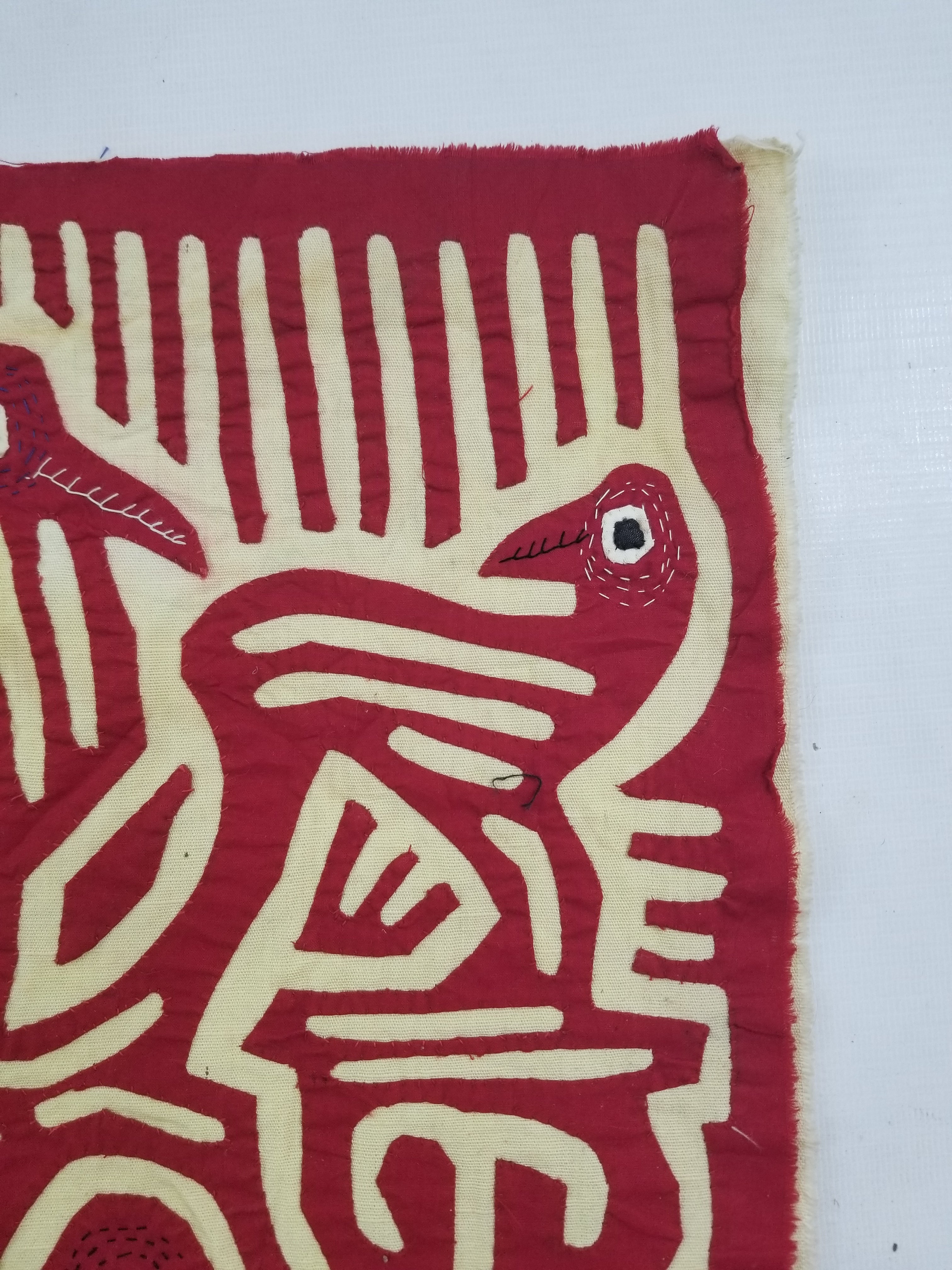 Vintage Hand-Stitched Red & White Avian Mola Art Textile 47x38cm
