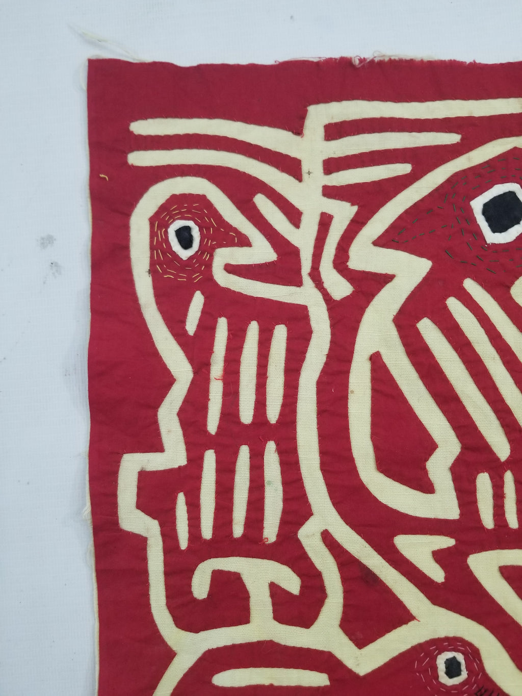 Vintage Hand-Stitched Red & White Avian Mola Art Textile 47x38cm