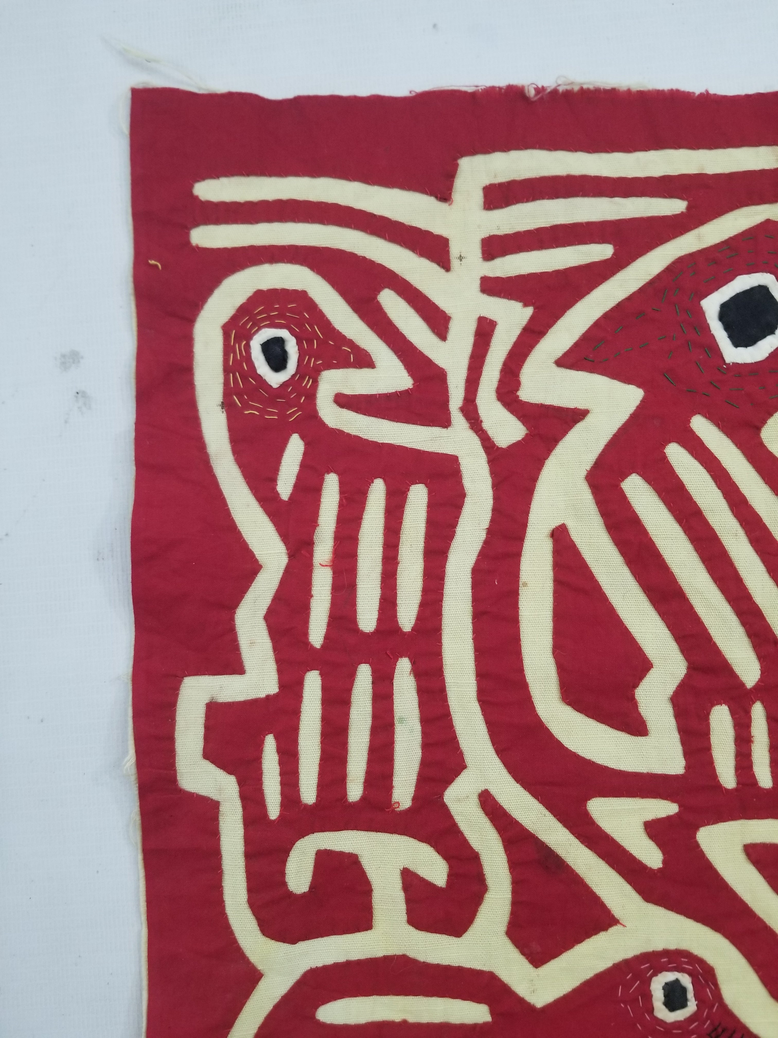 Vintage Hand-Stitched Red & White Avian Mola Art Textile 47x38cm