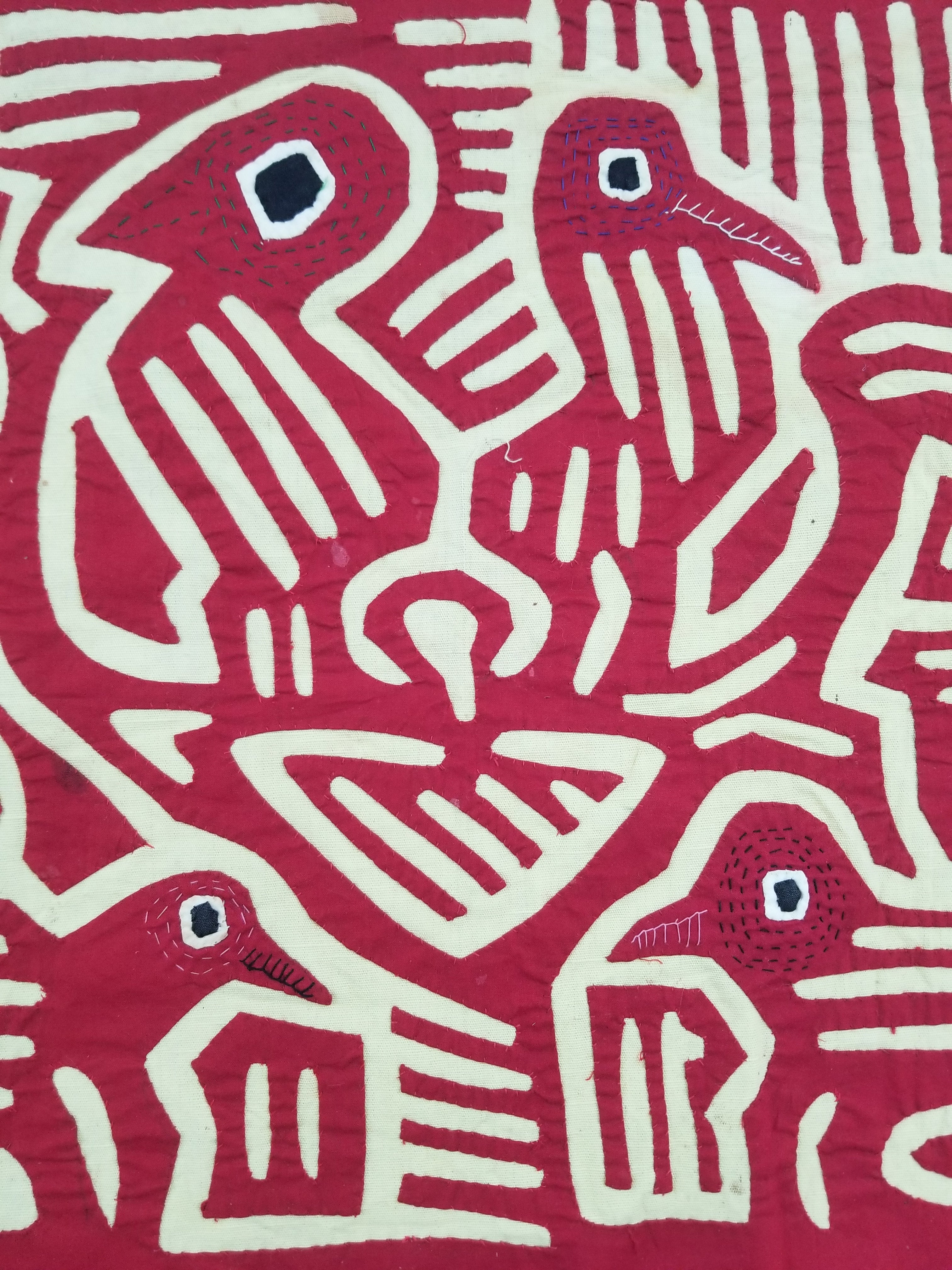 Vintage Hand-Stitched Red & White Avian Mola Art Textile 47x38cm