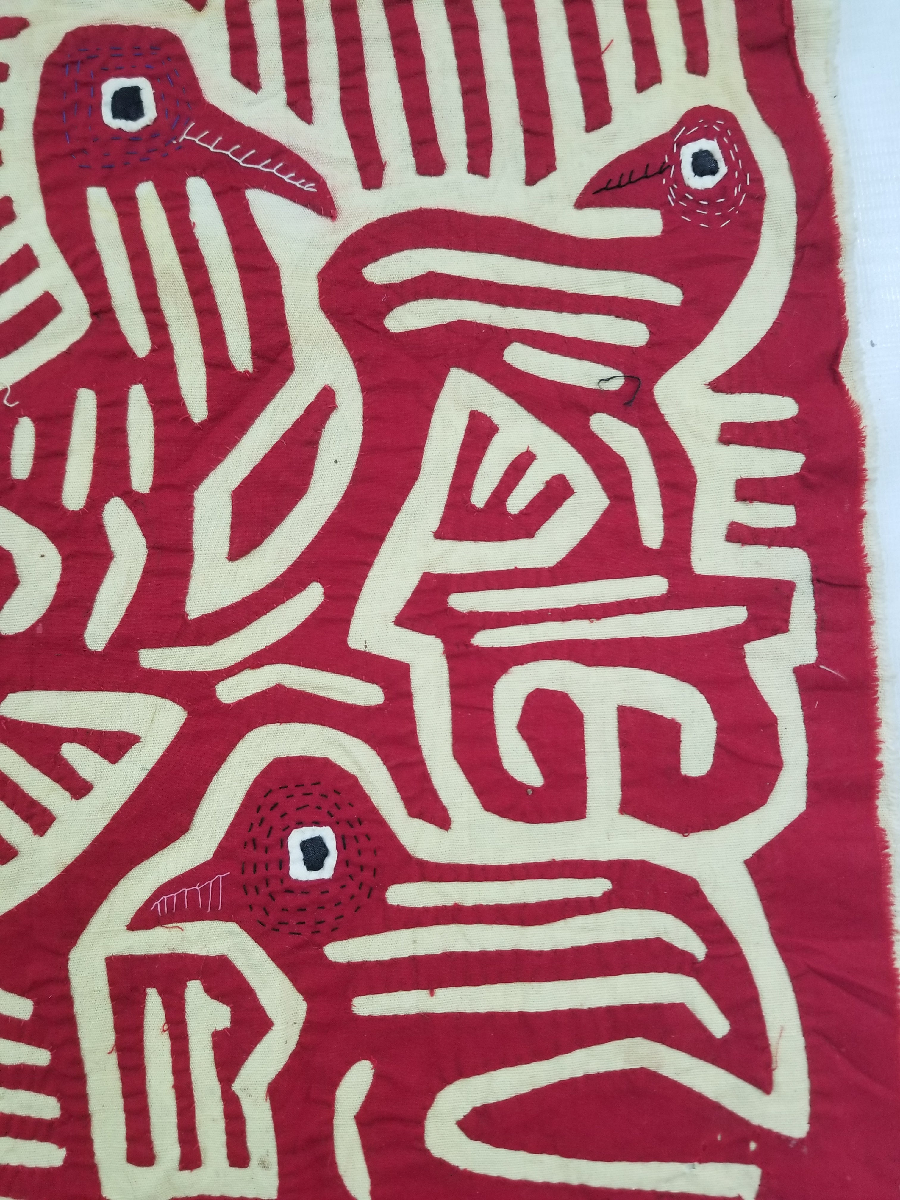 Vintage Hand-Stitched Red & White Avian Mola Art Textile 47x38cm