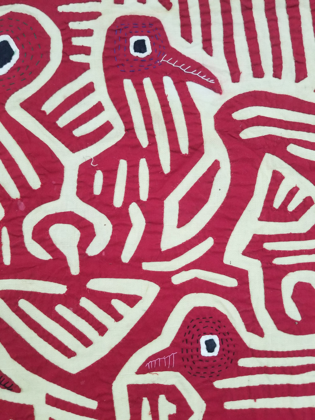 Vintage Hand-Stitched Red & White Avian Mola Art Textile 47x38cm
