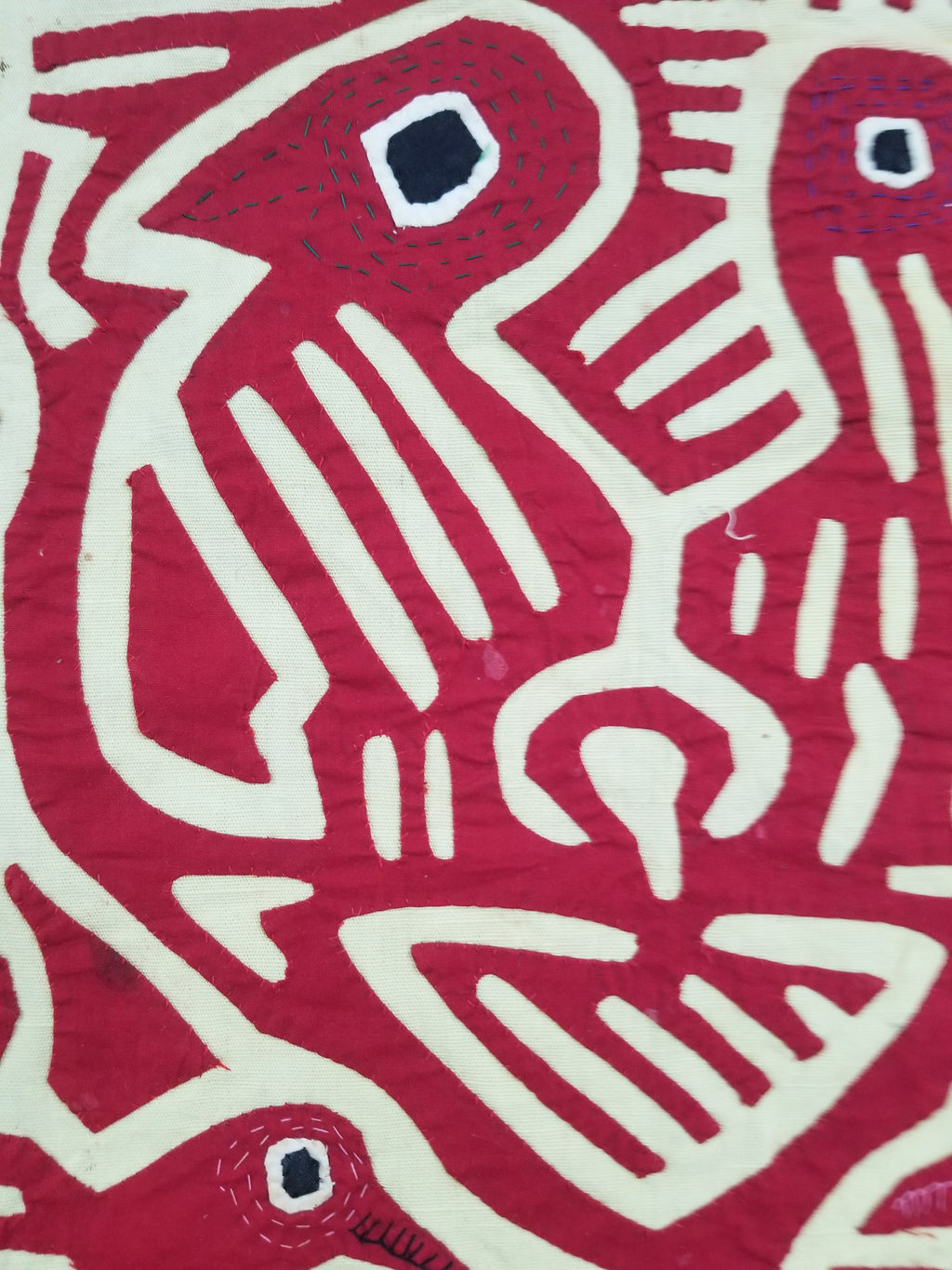Vintage Hand-Stitched Red & White Avian Mola Art Textile 47x38cm
