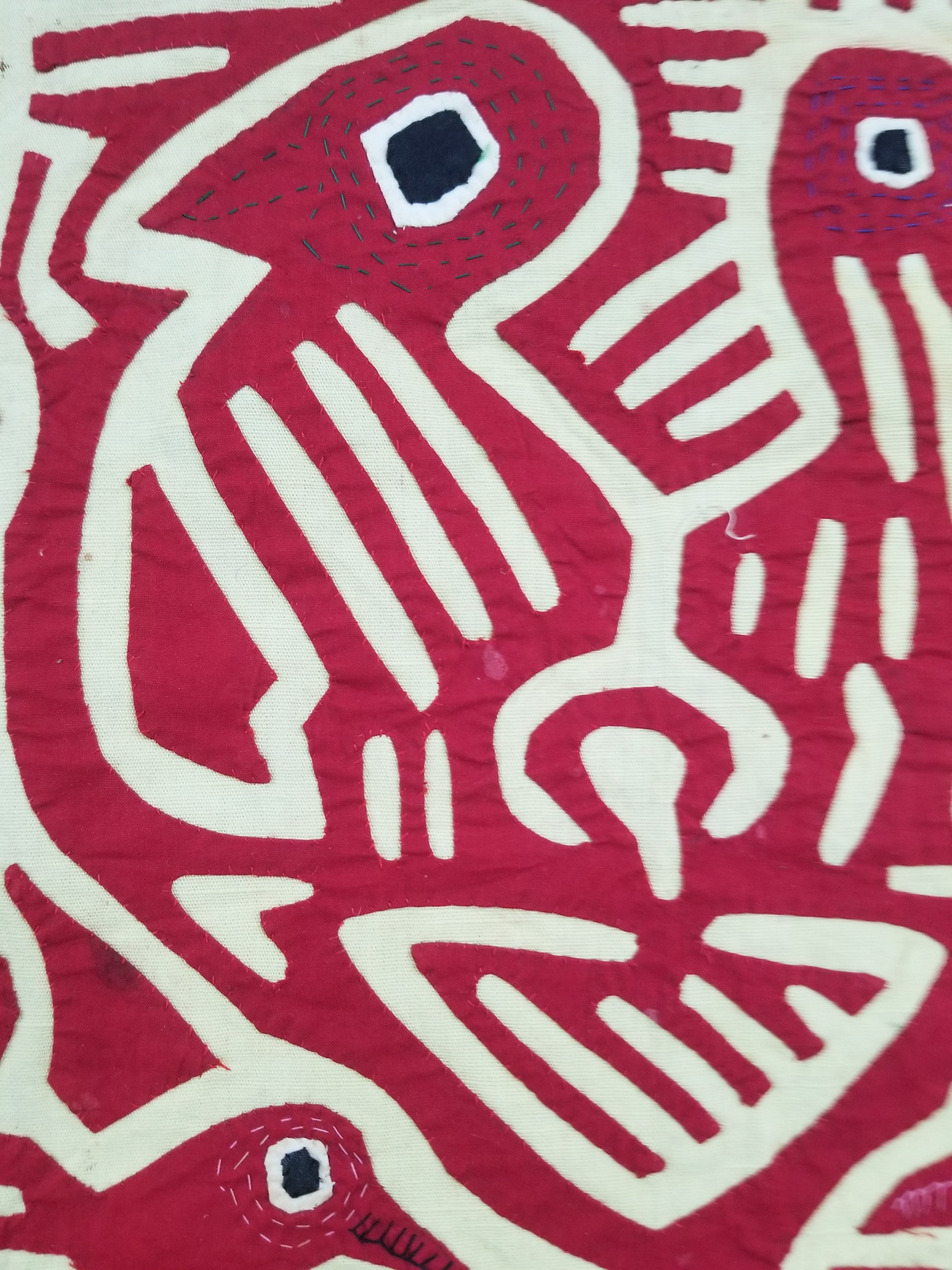 Vintage Hand-Stitched Red & White Avian Mola Art Textile 47x38cm