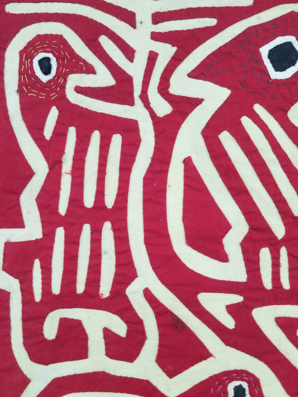 Vintage Hand-Stitched Red & White Avian Mola Art Textile 47x38cm