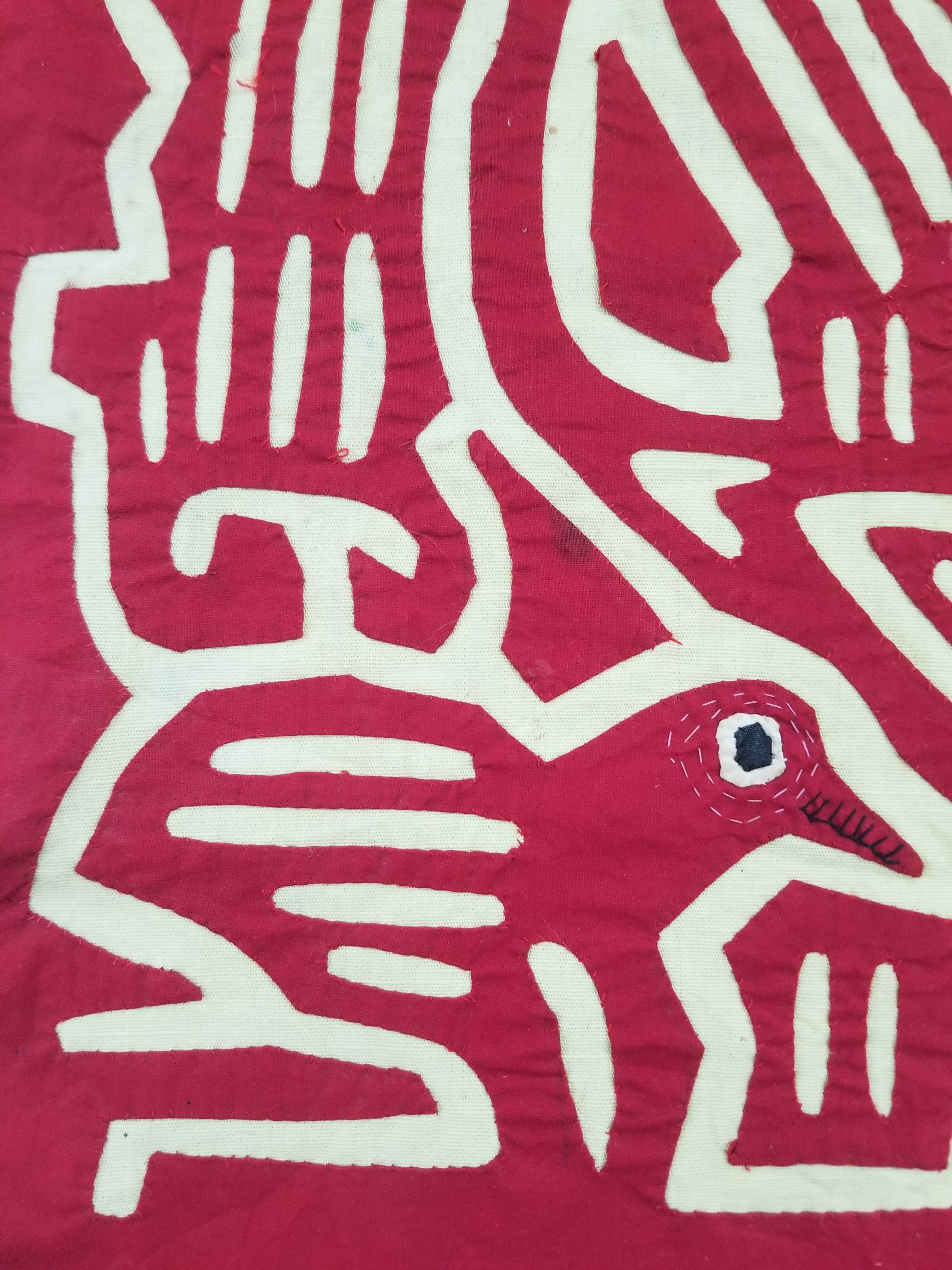 Vintage Hand-Stitched Red & White Avian Mola Art Textile 47x38cm