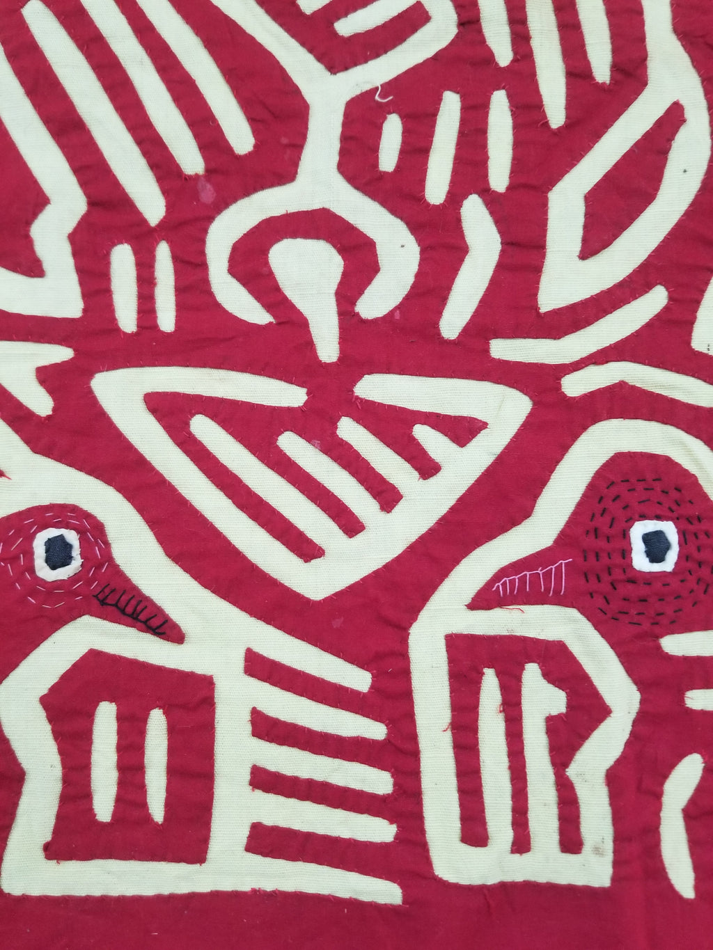 Vintage Hand-Stitched Red & White Avian Mola Art Textile 47x38cm