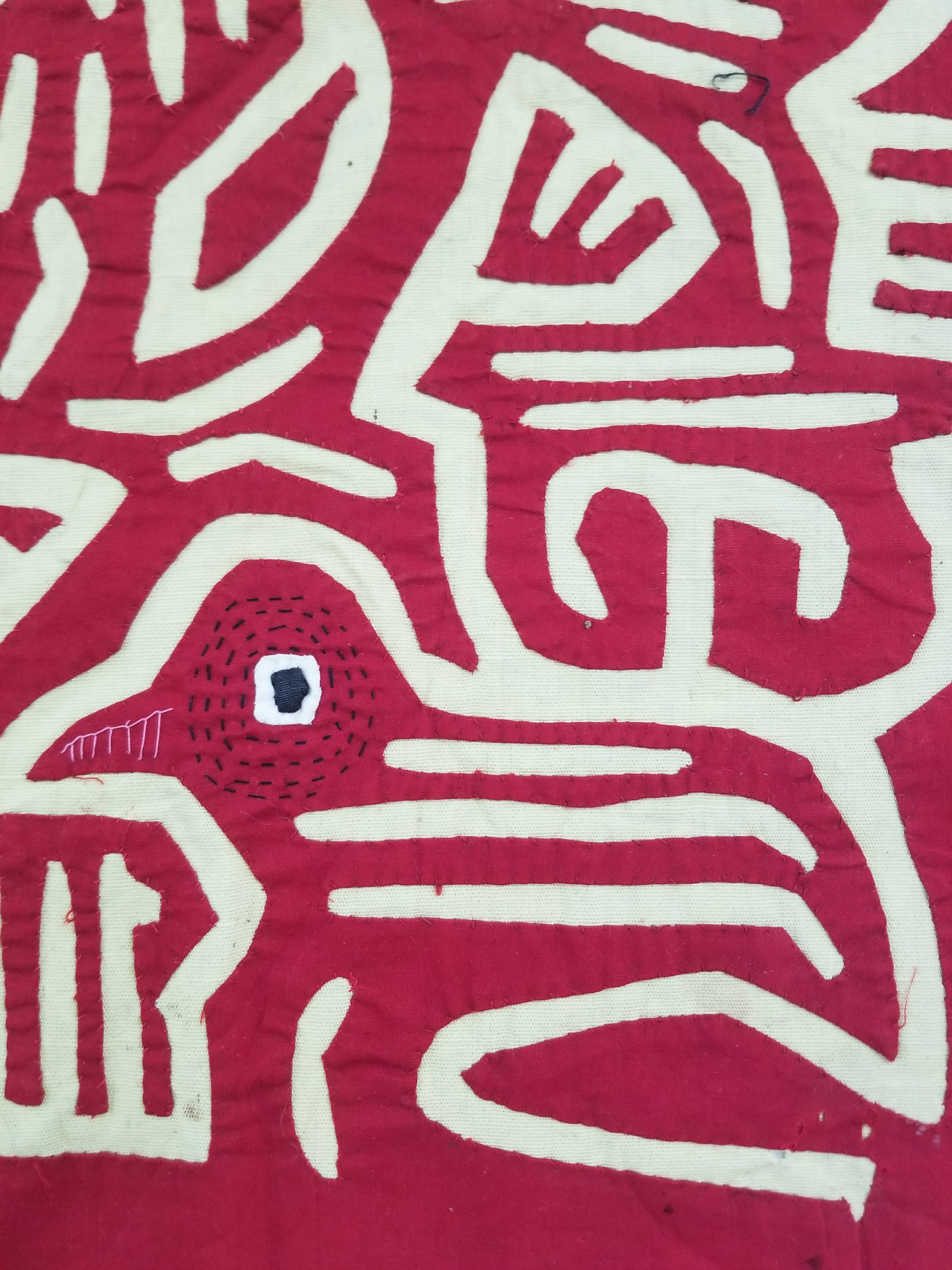 Vintage Hand-Stitched Red & White Avian Mola Art Textile 47x38cm