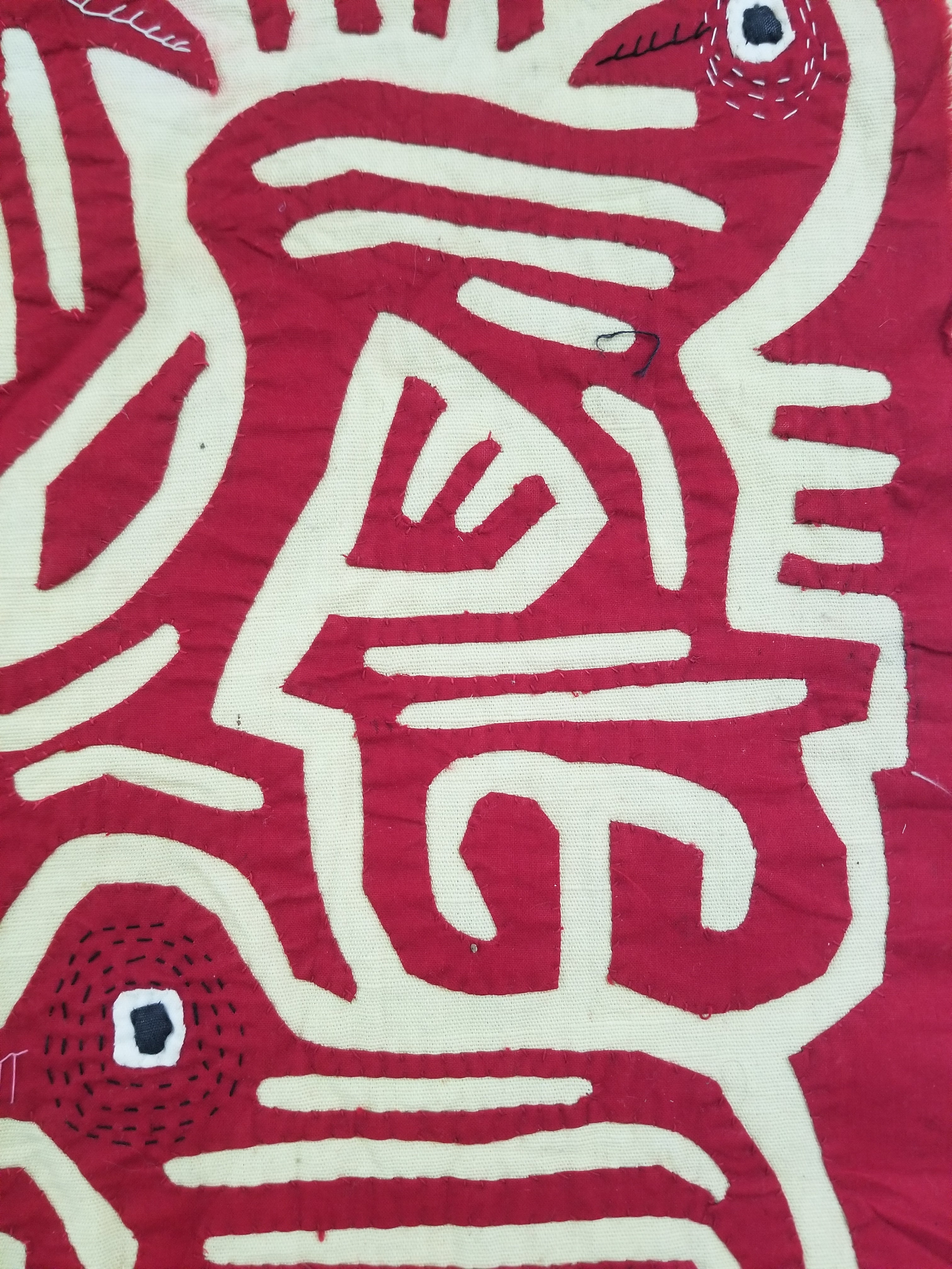 Vintage Hand-Stitched Red & White Avian Mola Art Textile 47x38cm
