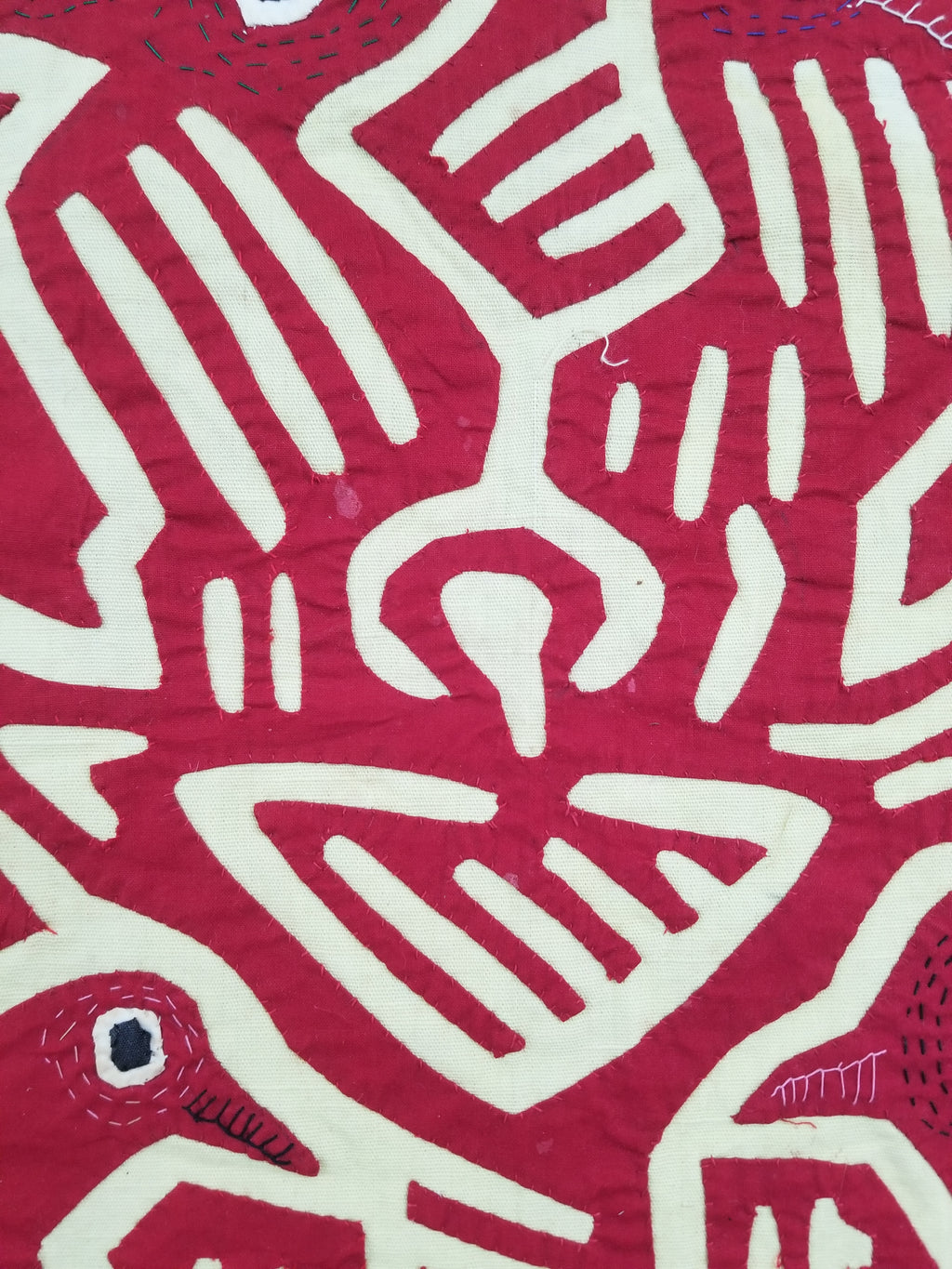 Vintage Hand-Stitched Red & White Avian Mola Art Textile 47x38cm