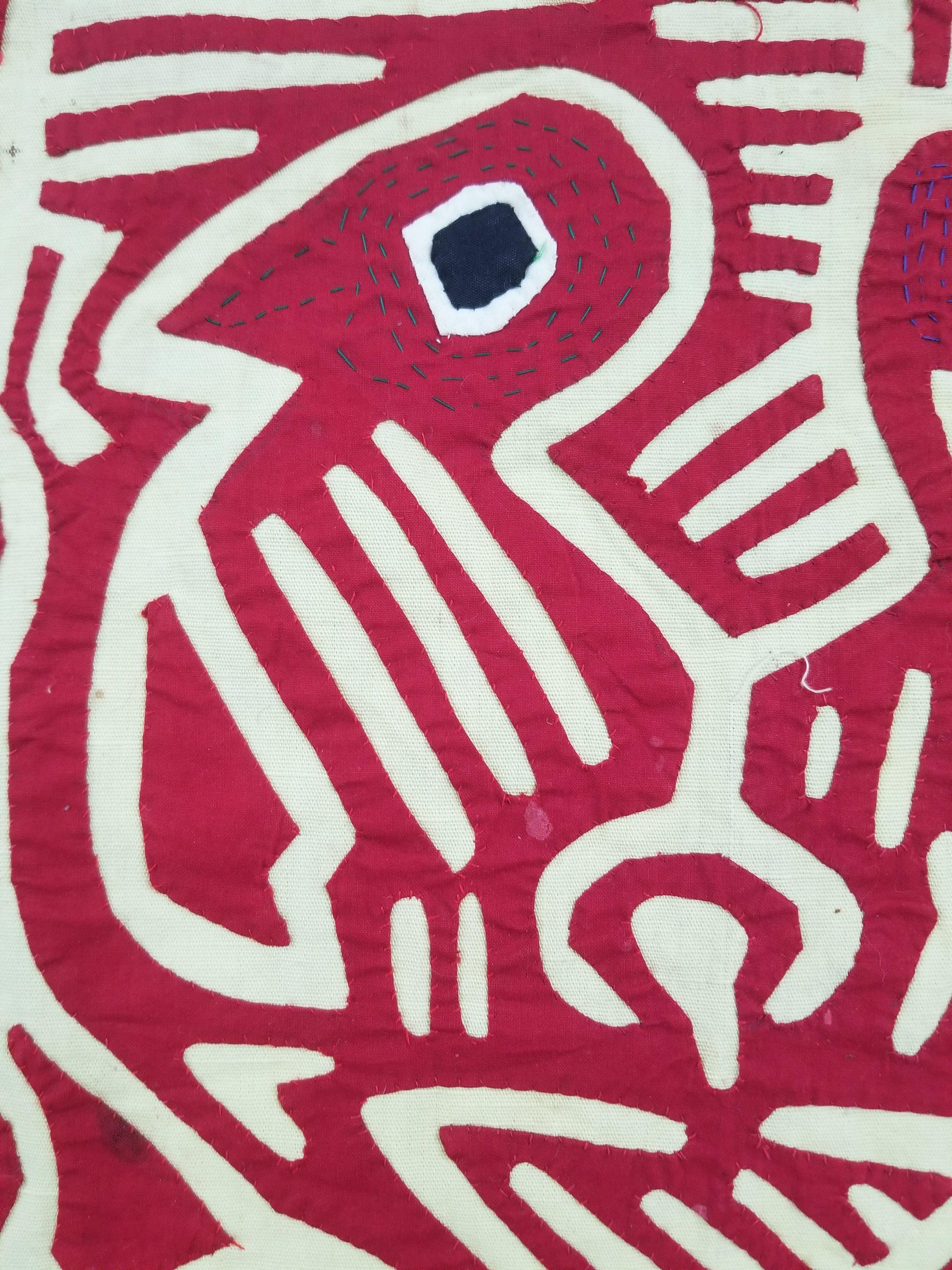 Vintage Hand-Stitched Red & White Avian Mola Art Textile 47x38cm
