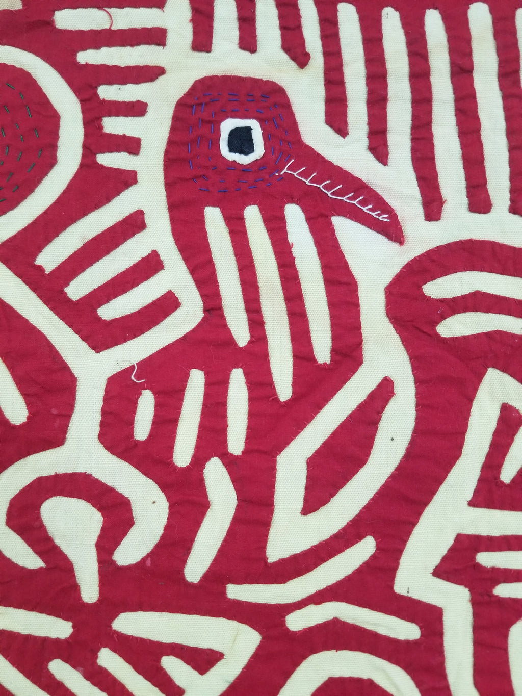 Vintage Hand-Stitched Red & White Avian Mola Art Textile 47x38cm