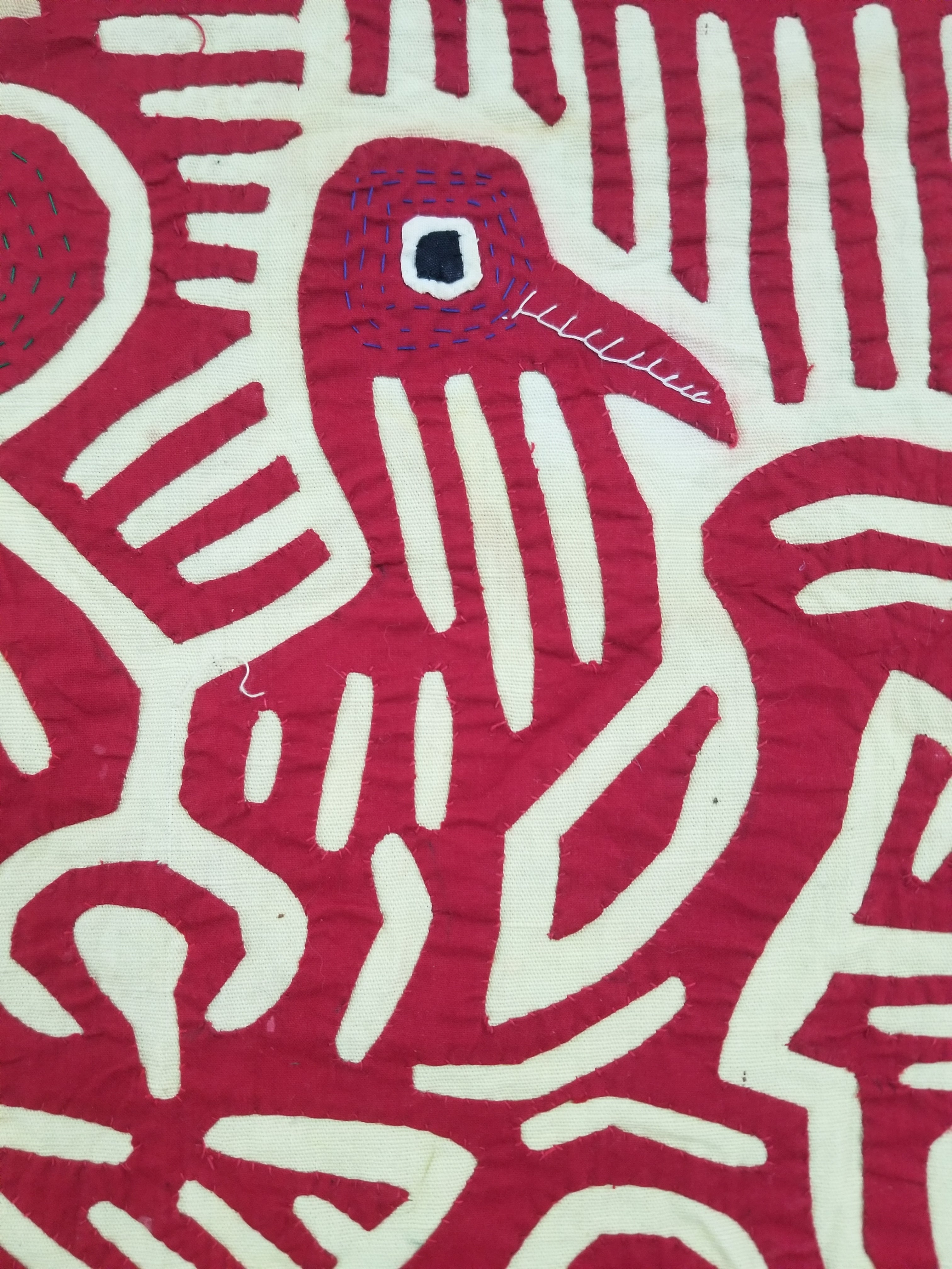 Vintage Hand-Stitched Red & White Avian Mola Art Textile 47x38cm