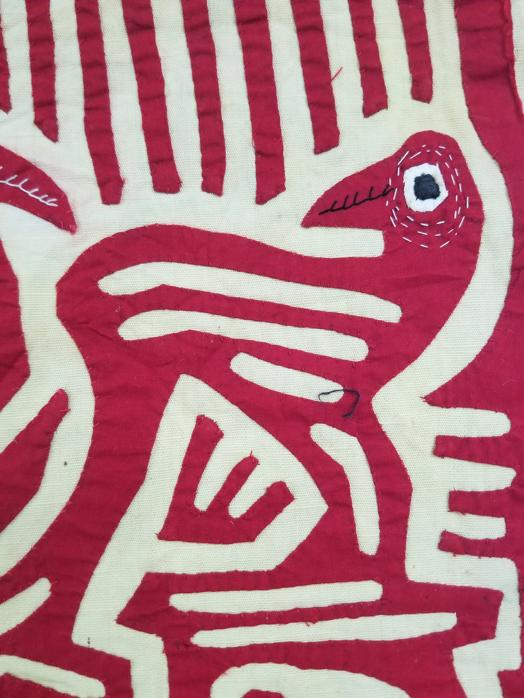 Vintage Hand-Stitched Red & White Avian Mola Art Textile 47x38cm