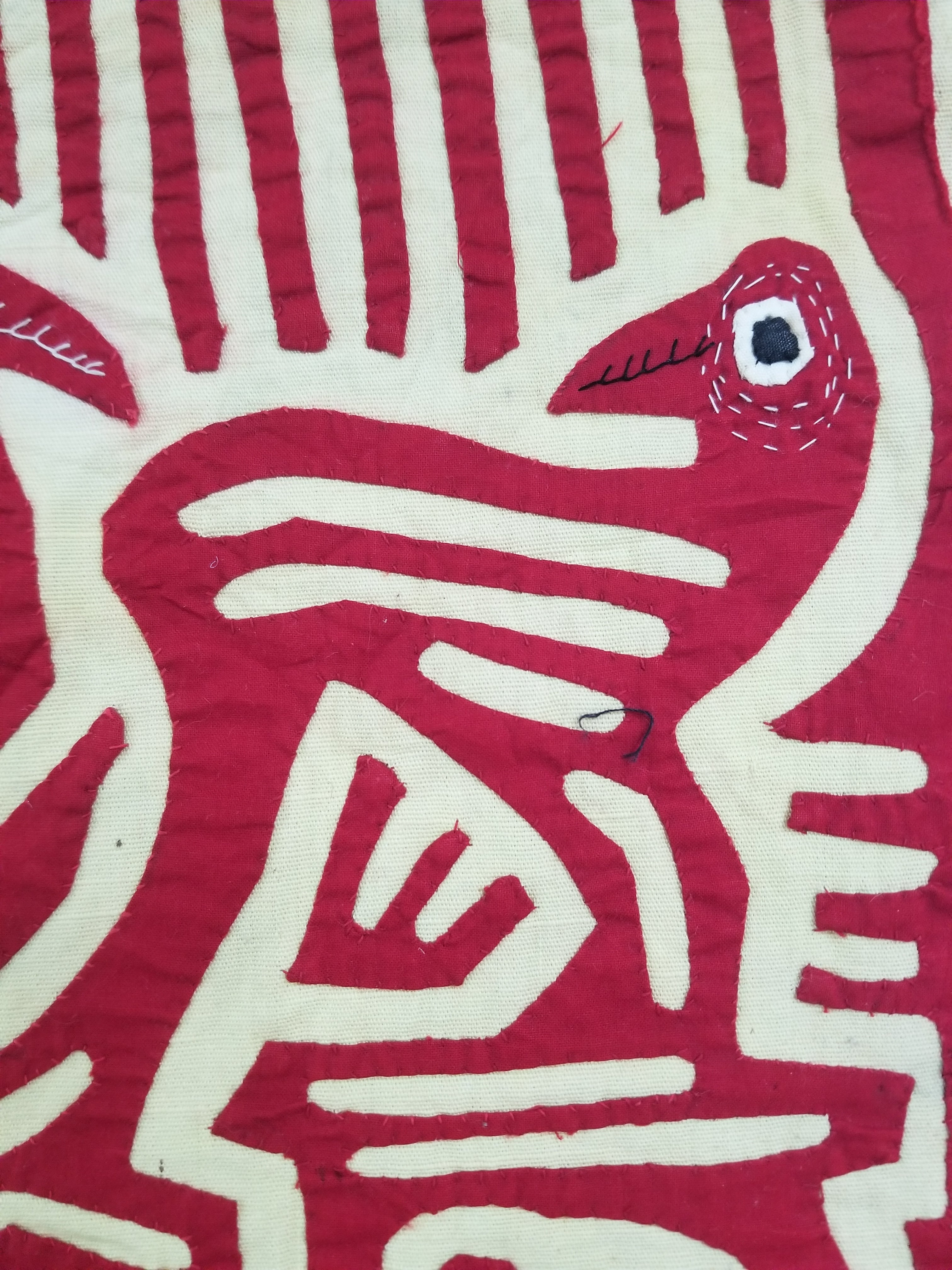 Vintage Hand-Stitched Red & White Avian Mola Art Textile 47x38cm
