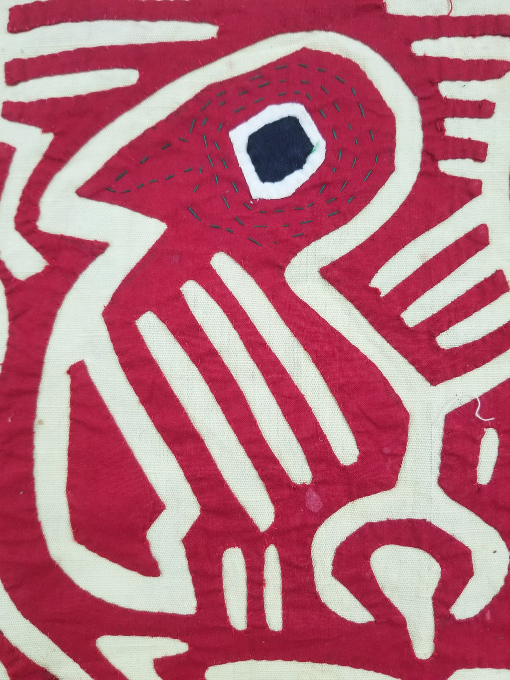 Vintage Hand-Stitched Red & White Avian Mola Art Textile 47x38cm