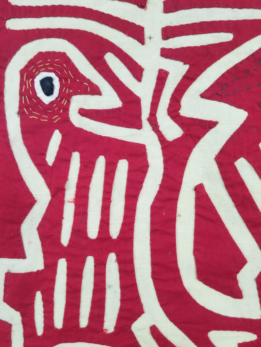 Vintage Hand-Stitched Red & White Avian Mola Art Textile 47x38cm