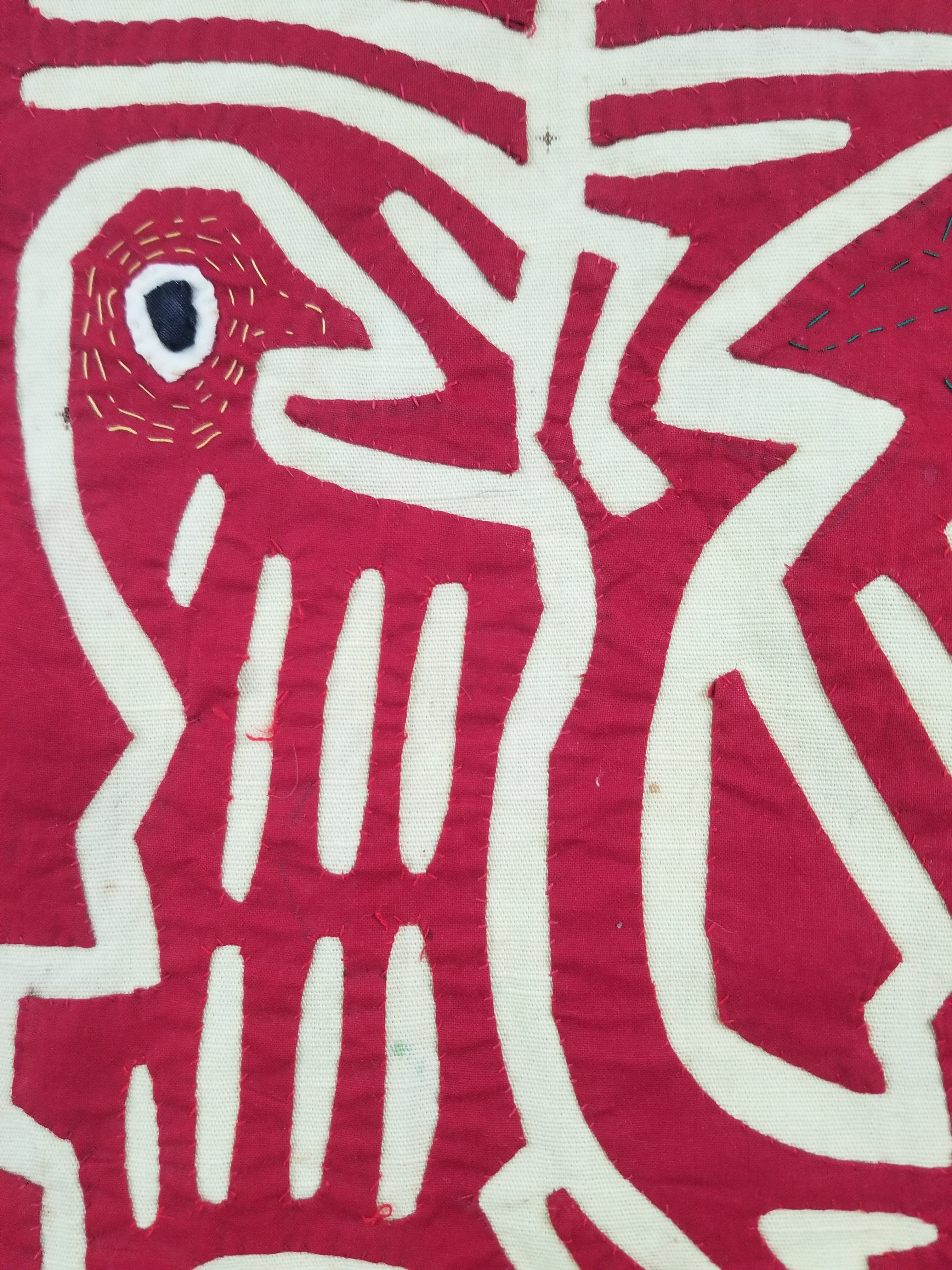 Vintage Hand-Stitched Red & White Avian Mola Art Textile 47x38cm