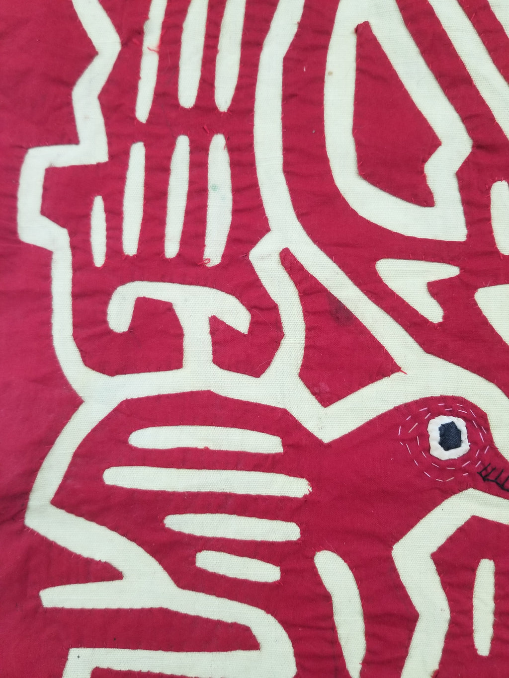 Vintage Hand-Stitched Red & White Avian Mola Art Textile 47x38cm