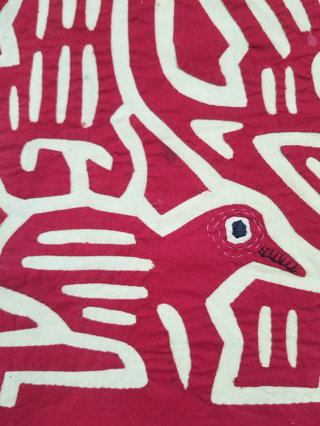 Vintage Hand-Stitched Red & White Avian Mola Art Textile 47x38cm