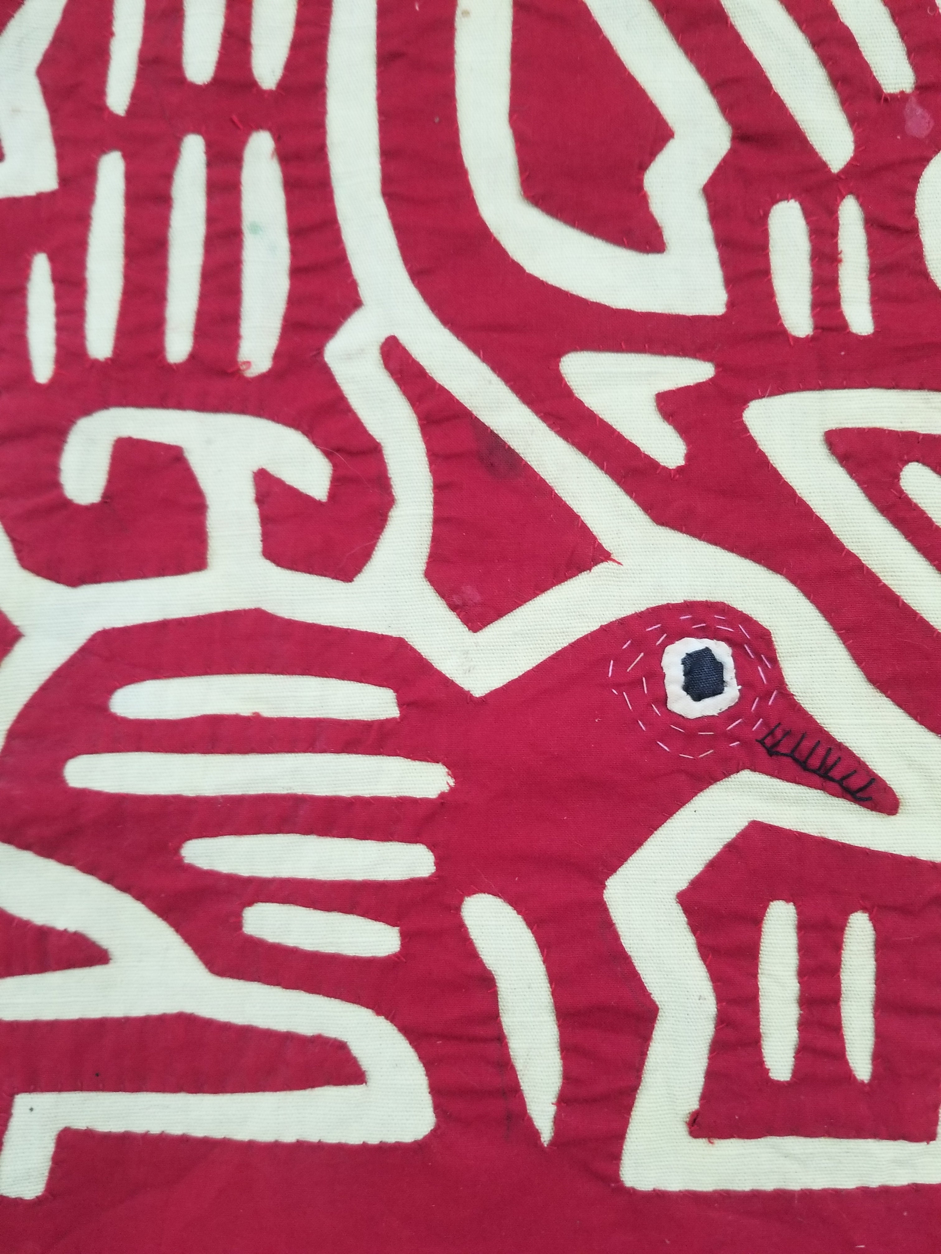 Vintage Hand-Stitched Red & White Avian Mola Art Textile 47x38cm