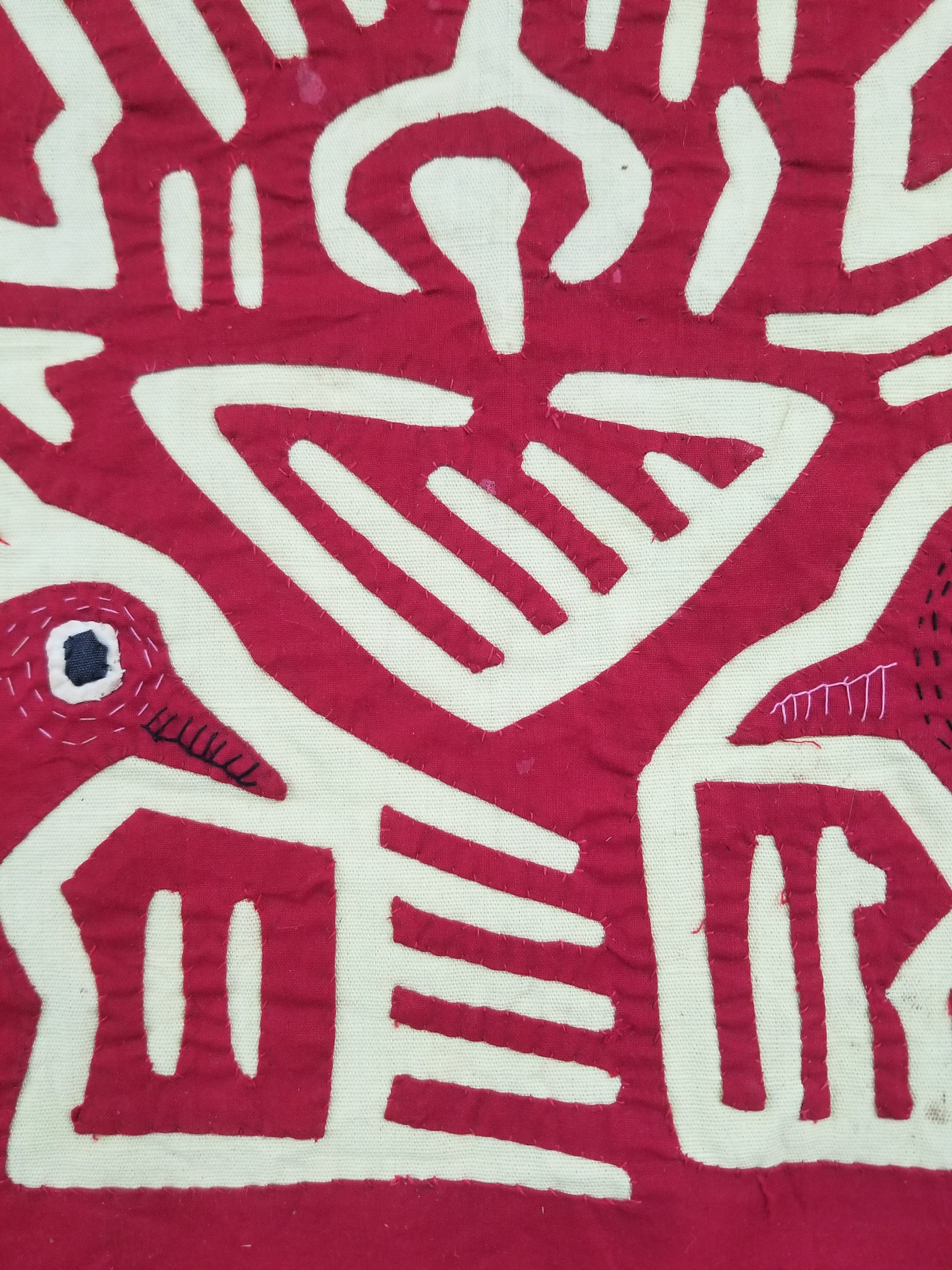 Vintage Hand-Stitched Red & White Avian Mola Art Textile 47x38cm