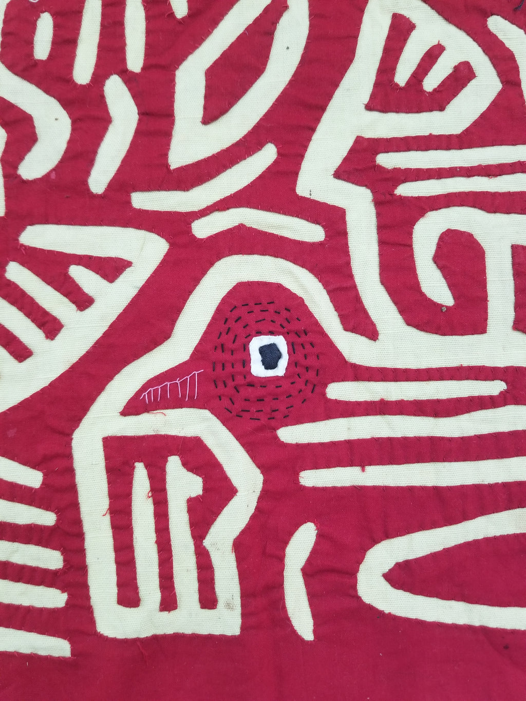 Vintage Hand-Stitched Red & White Avian Mola Art Textile 47x38cm
