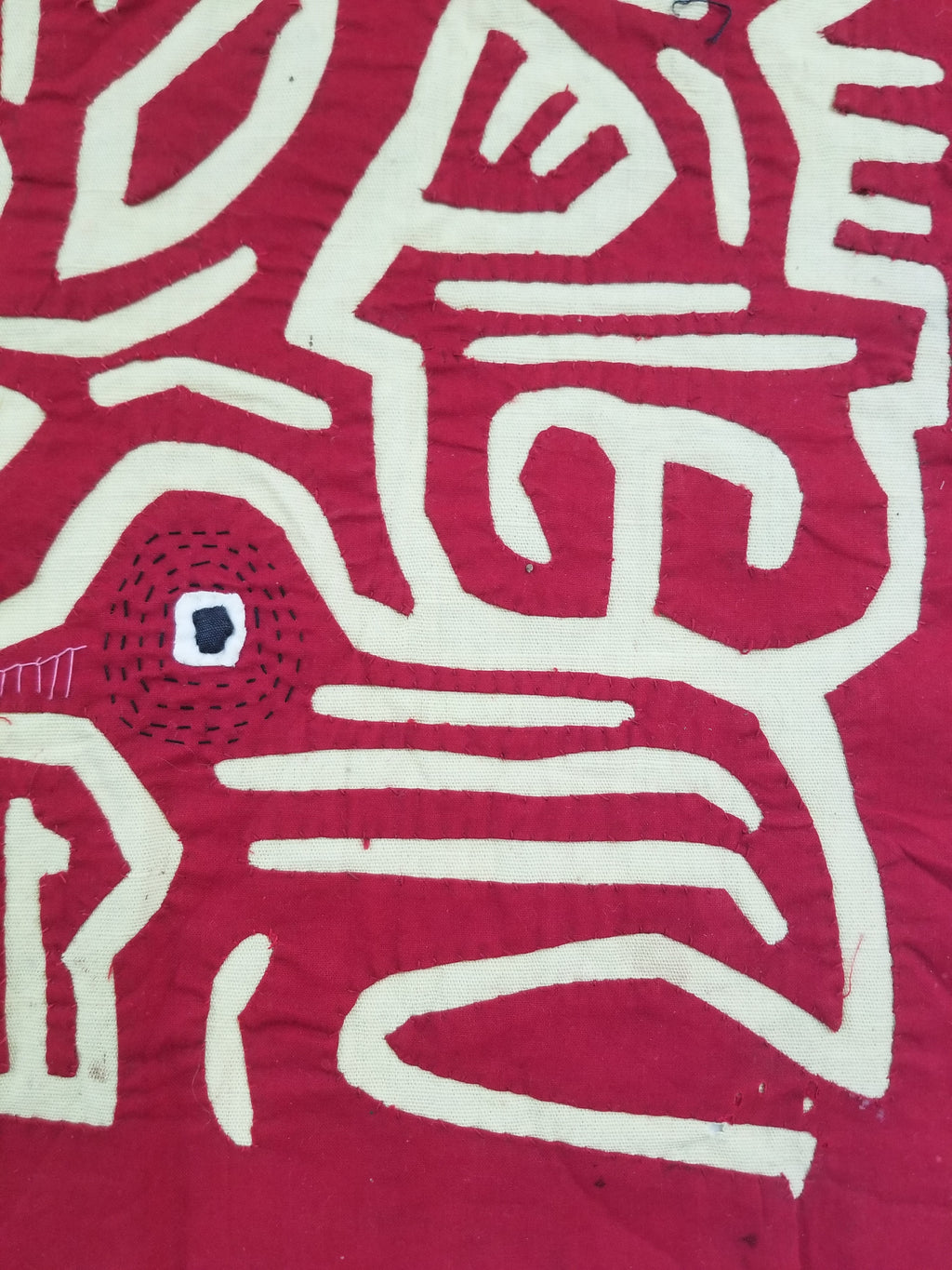 Vintage Hand-Stitched Red & White Avian Mola Art Textile 47x38cm