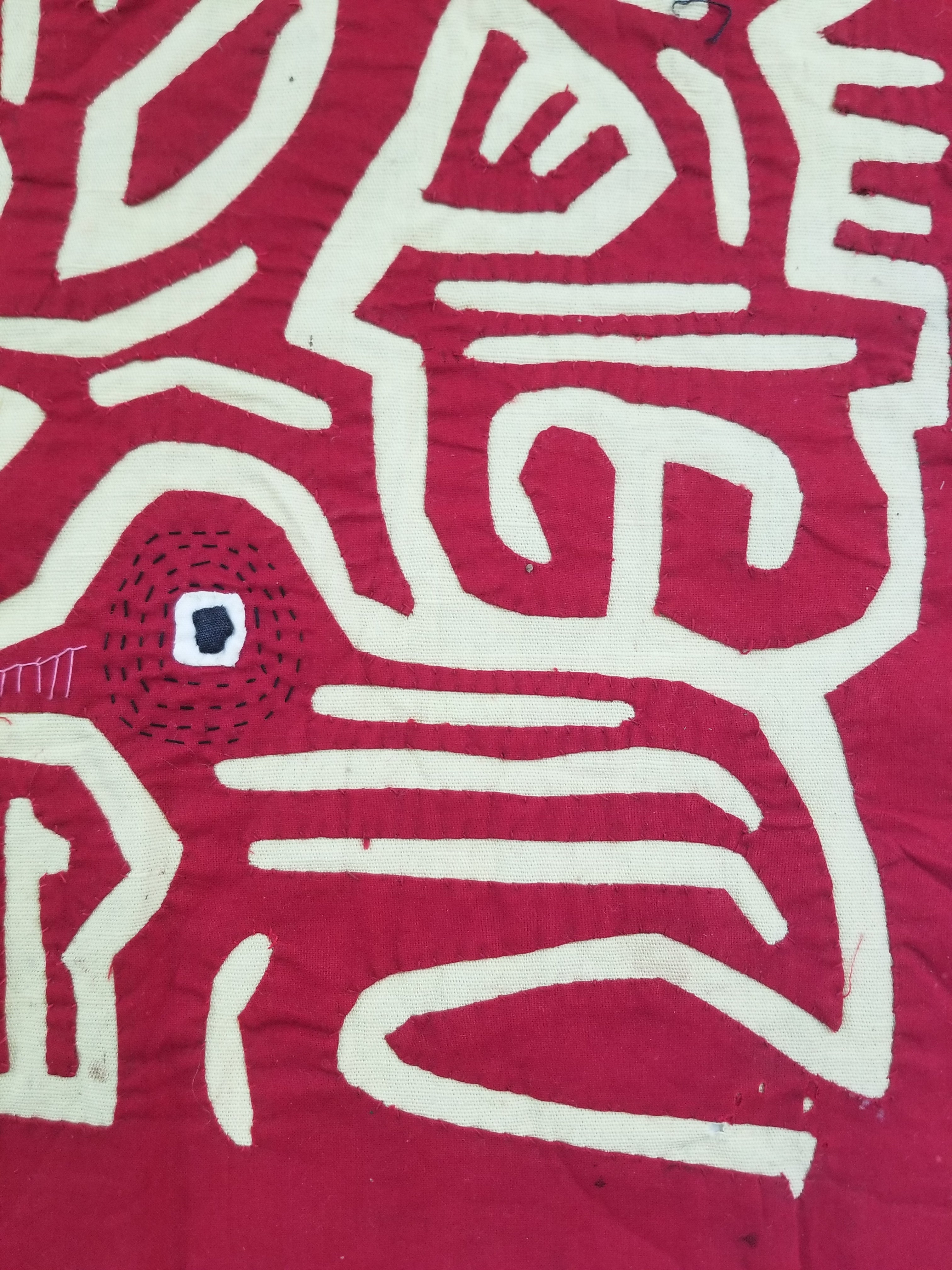 Vintage Hand-Stitched Red & White Avian Mola Art Textile 47x38cm