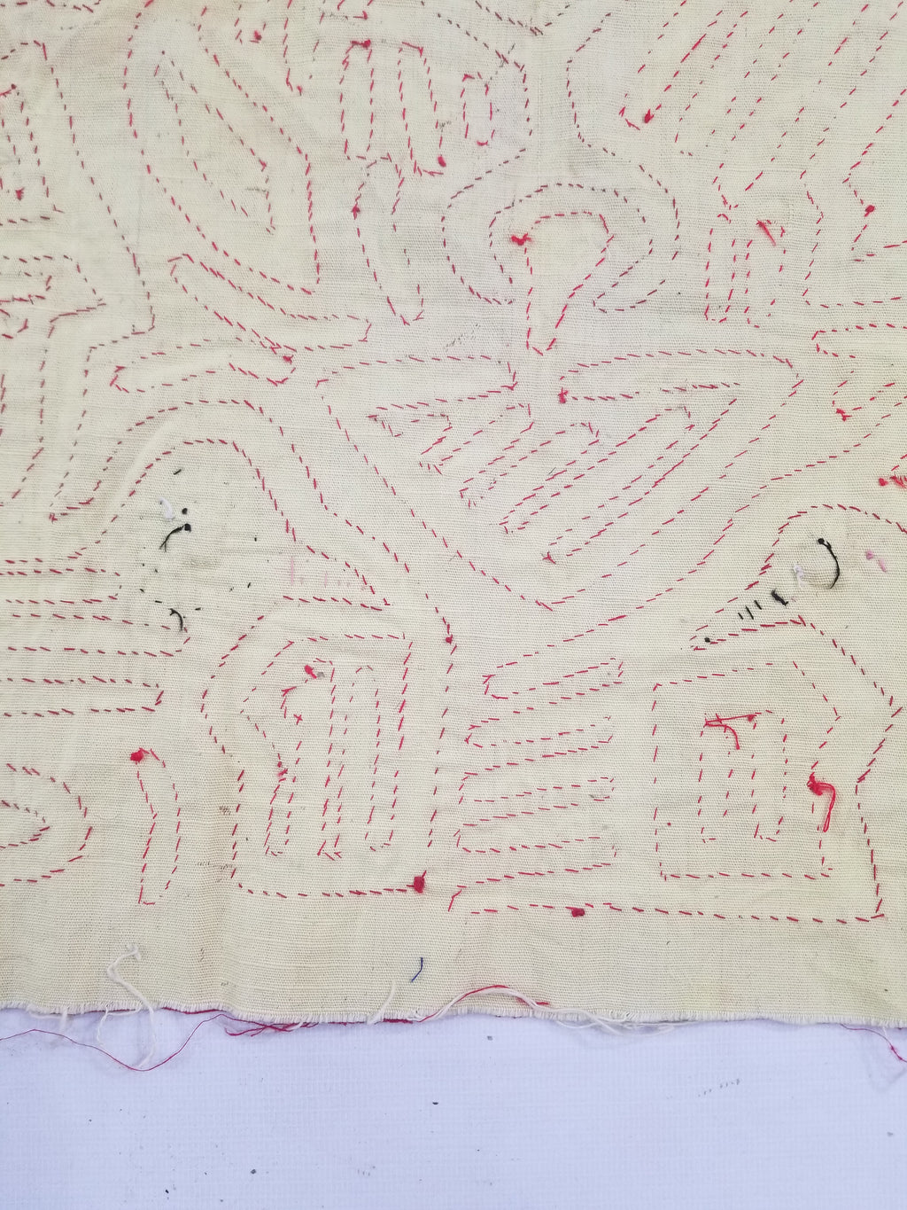 Vintage Hand-Stitched Red & White Avian Mola Art Textile 47x38cm