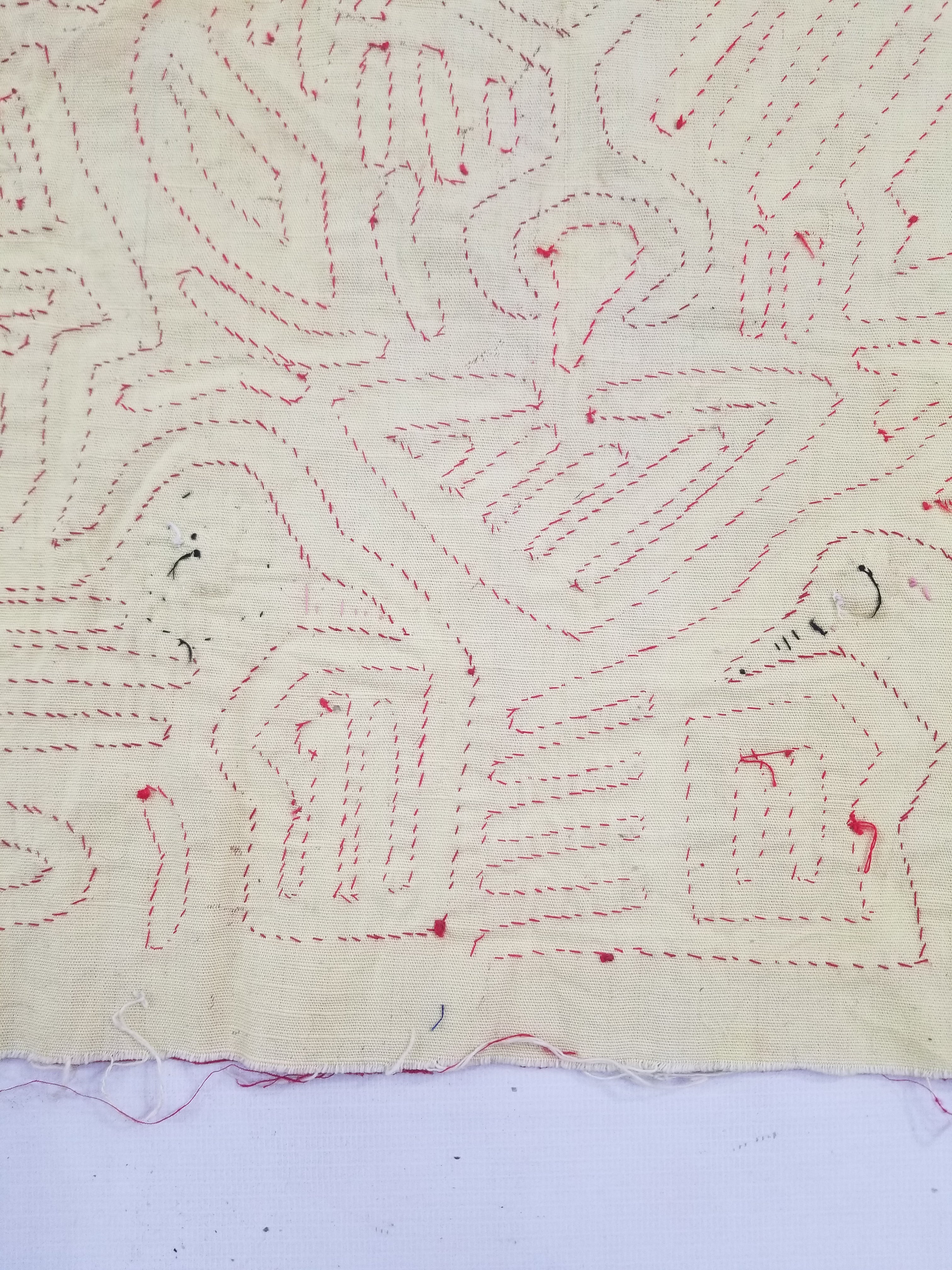 Vintage Hand-Stitched Red & White Avian Mola Art Textile 47x38cm