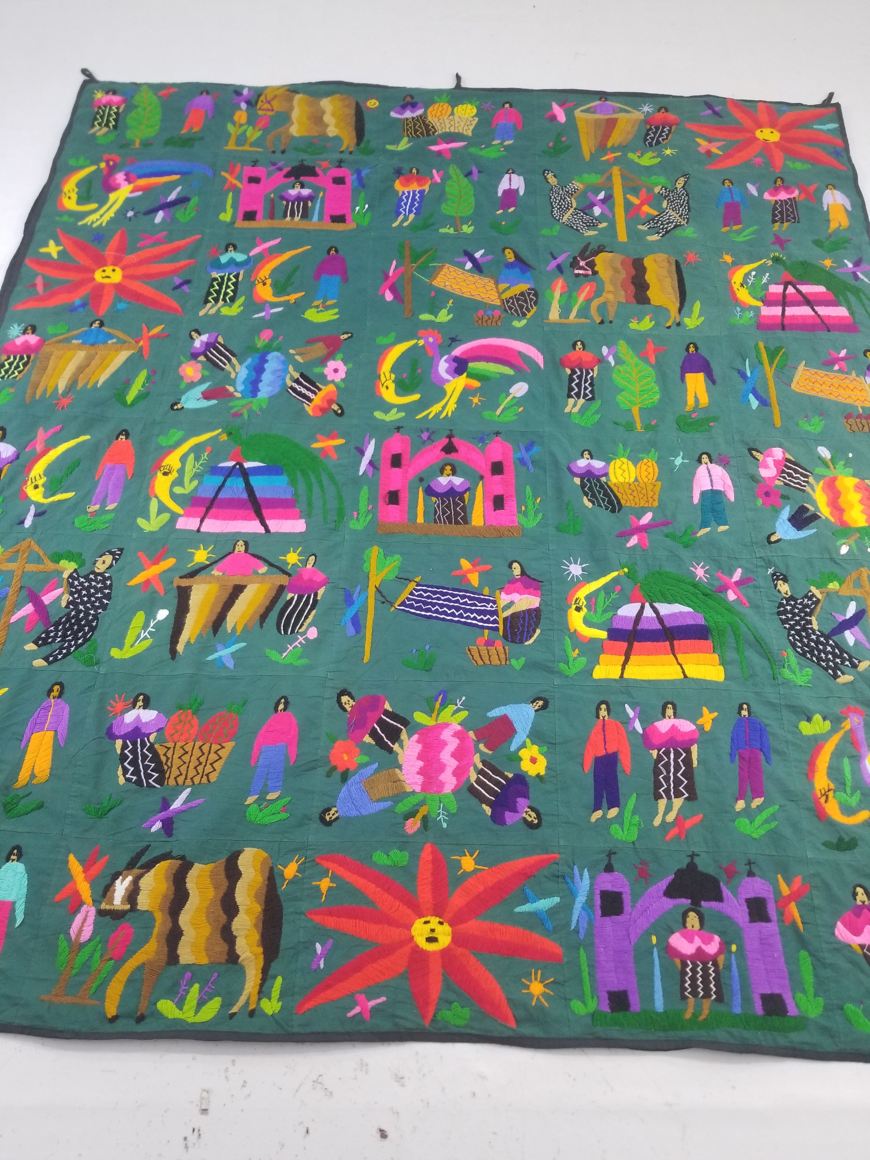 Vintage Mexican Otomi Embroidered Folk Art Decorative Textile 213x187cm
