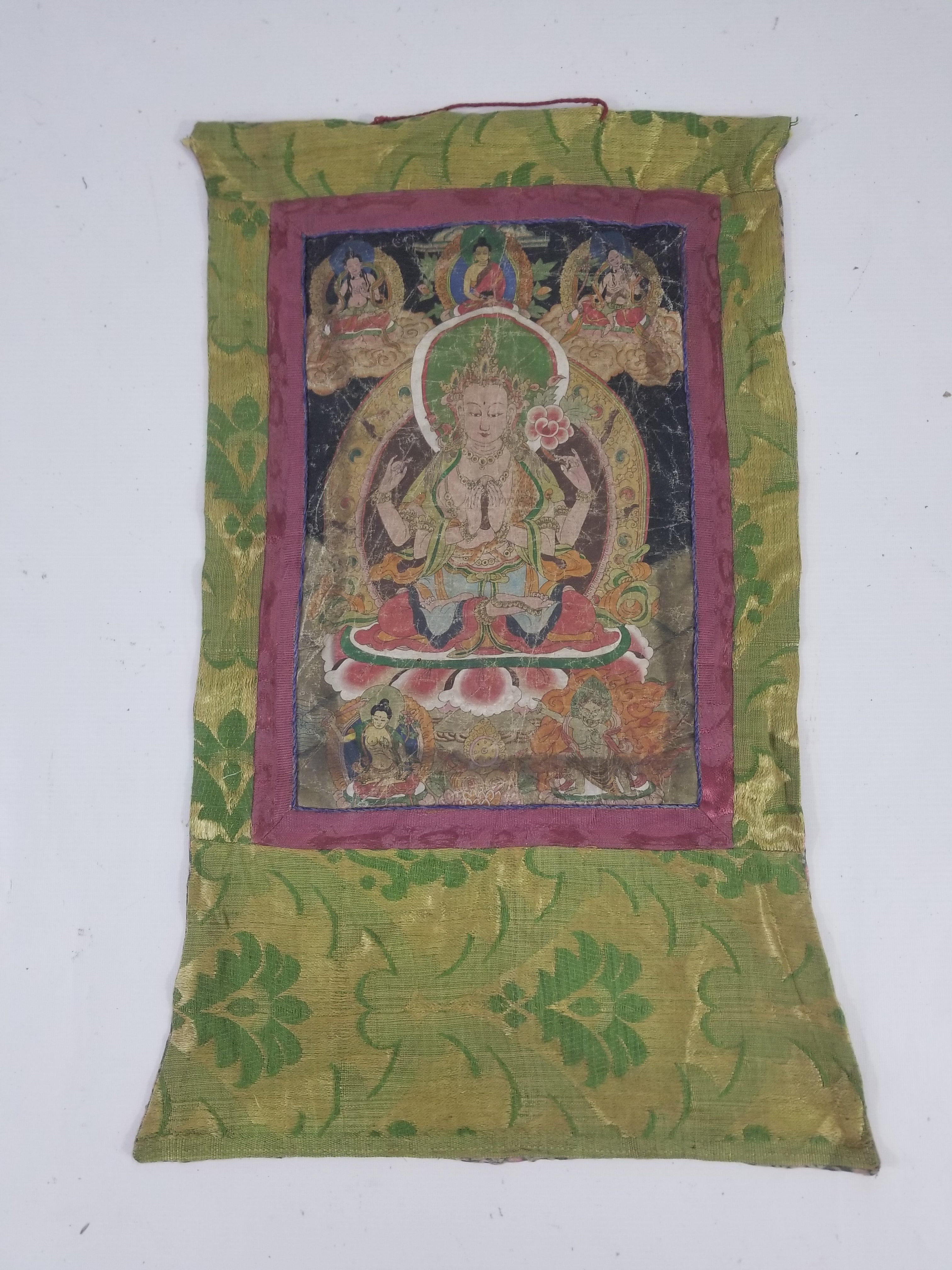Antique Tibetan Buddhist Thangka Printed & Silk Brocade Wall Hanging 68x39cm