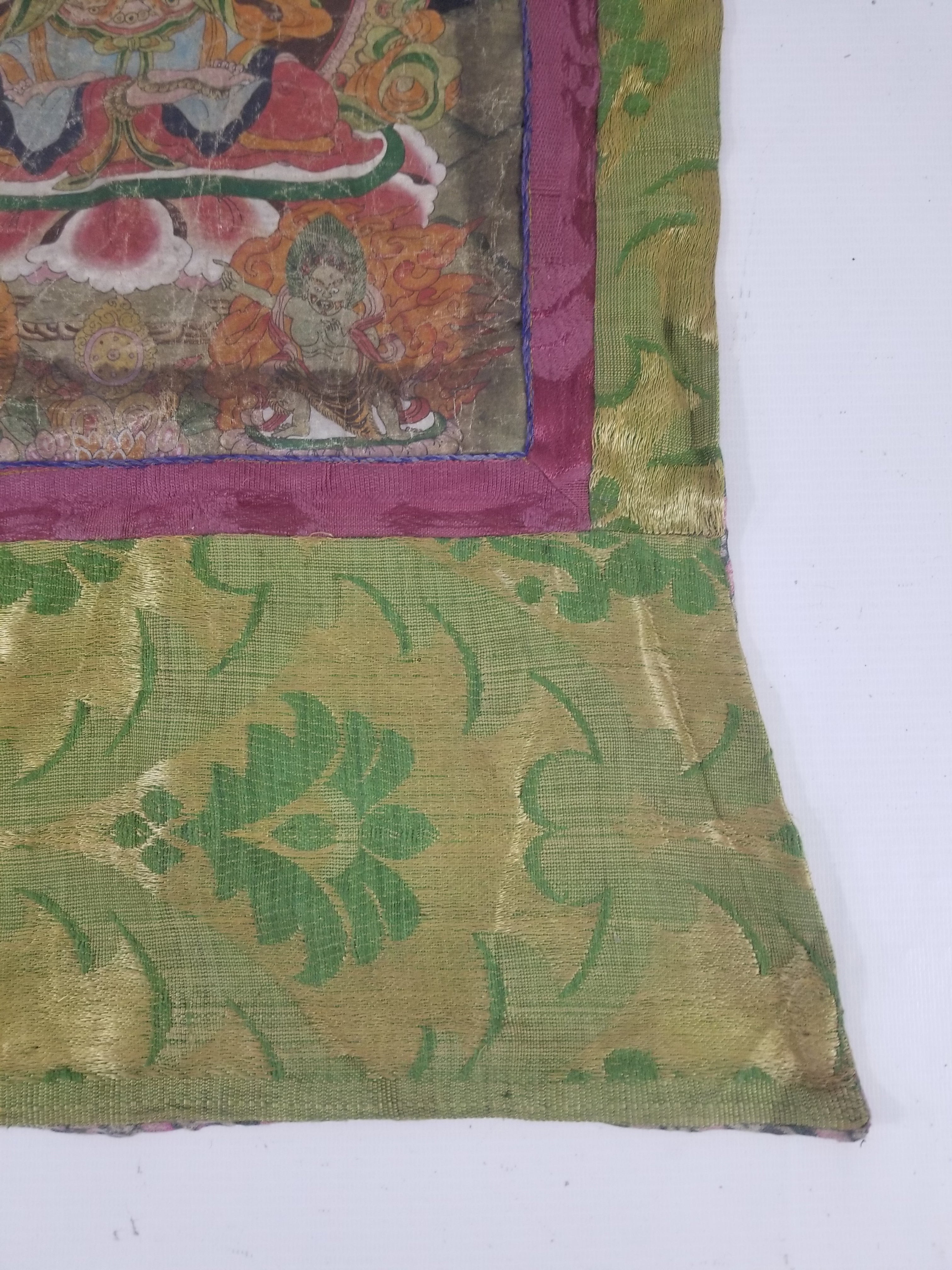 Antique Tibetan Buddhist Thangka Printed & Silk Brocade Wall Hanging 68x39cm