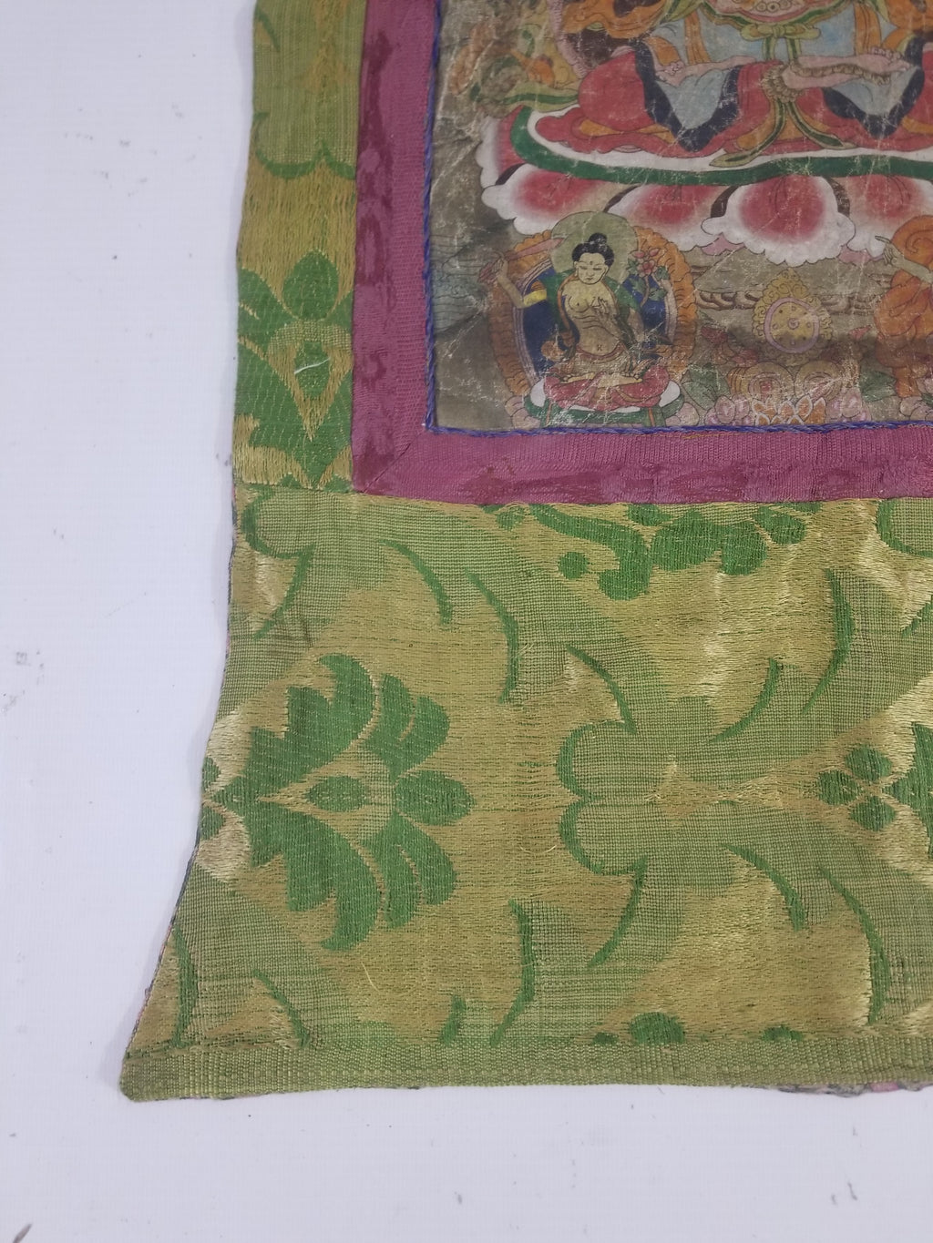 Antique Tibetan Buddhist Thangka Printed & Silk Brocade Wall Hanging 68x39cm