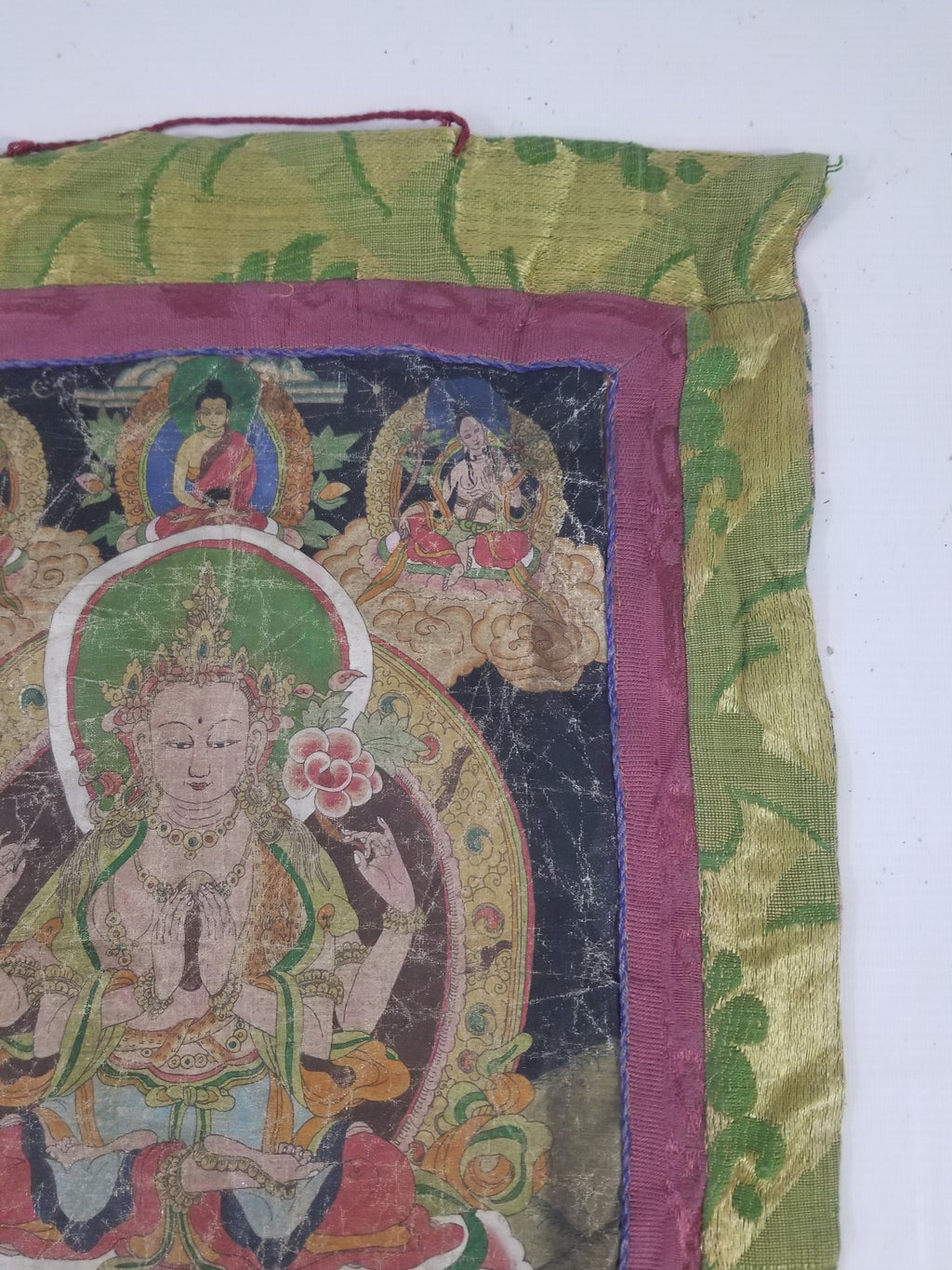Antique Tibetan Buddhist Thangka Printed & Silk Brocade Wall Hanging 68x39cm