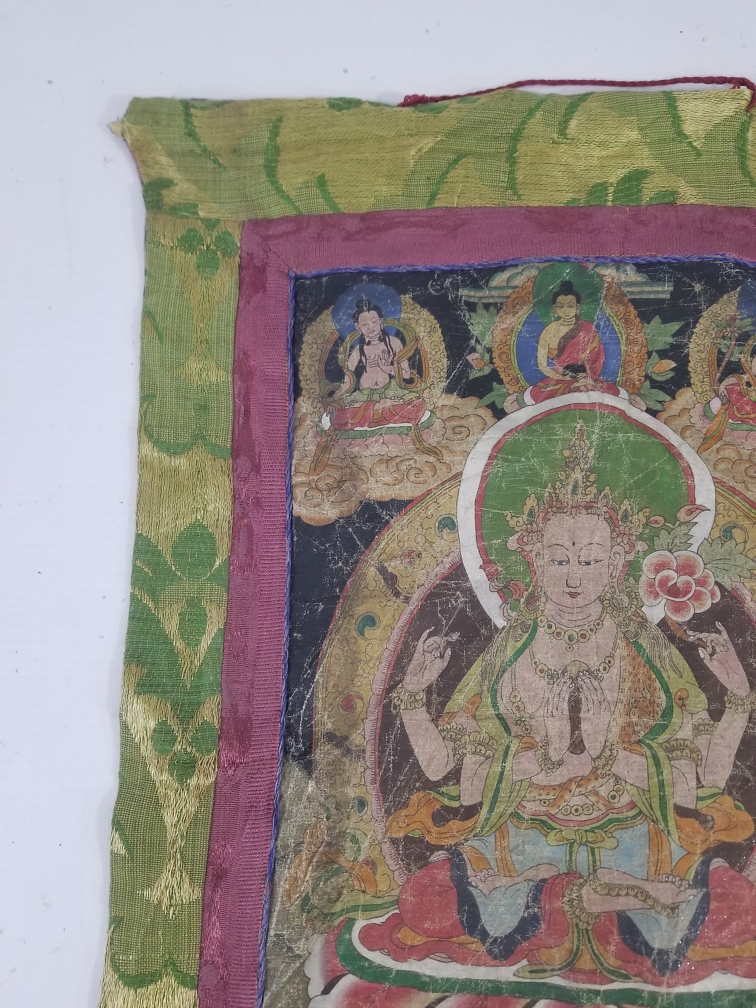 Antique Tibetan Buddhist Thangka Printed & Silk Brocade Wall Hanging 68x39cm